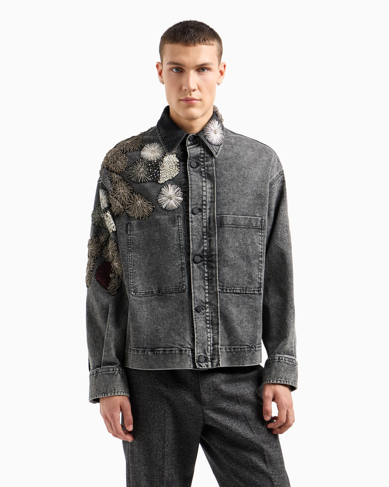 GARMENT-TREATED DENIM JACKET WITH METALLIC NAUTICAL EMBROIDERY - 2