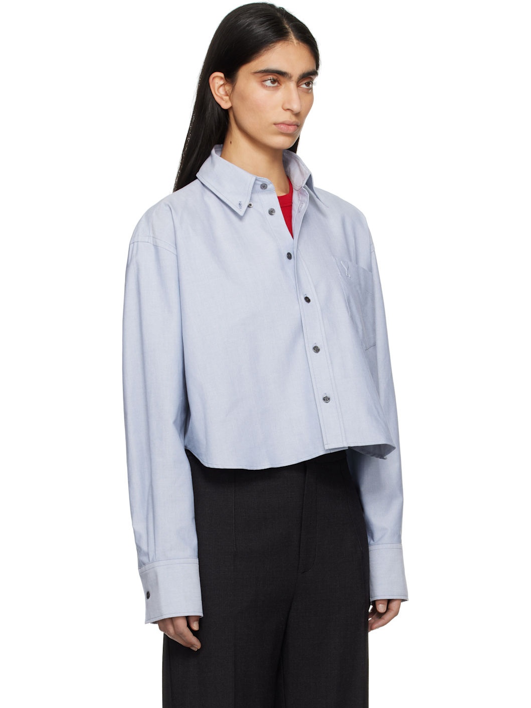 Blue Cotton Button-Down Cropped Oversized Shirt - 2