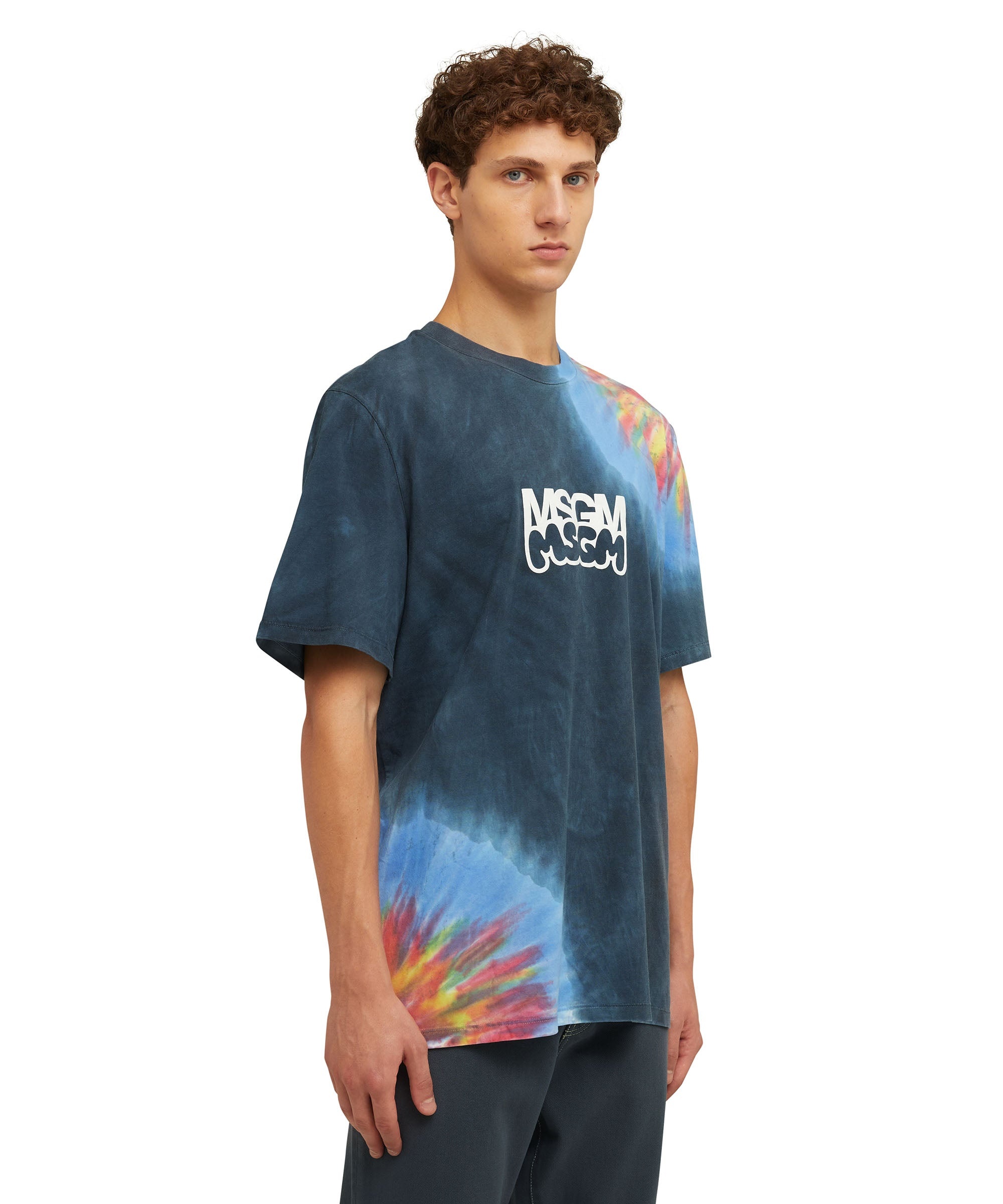 MSGM Tie dye cotton crewneck t-shirt with logo and graphics in