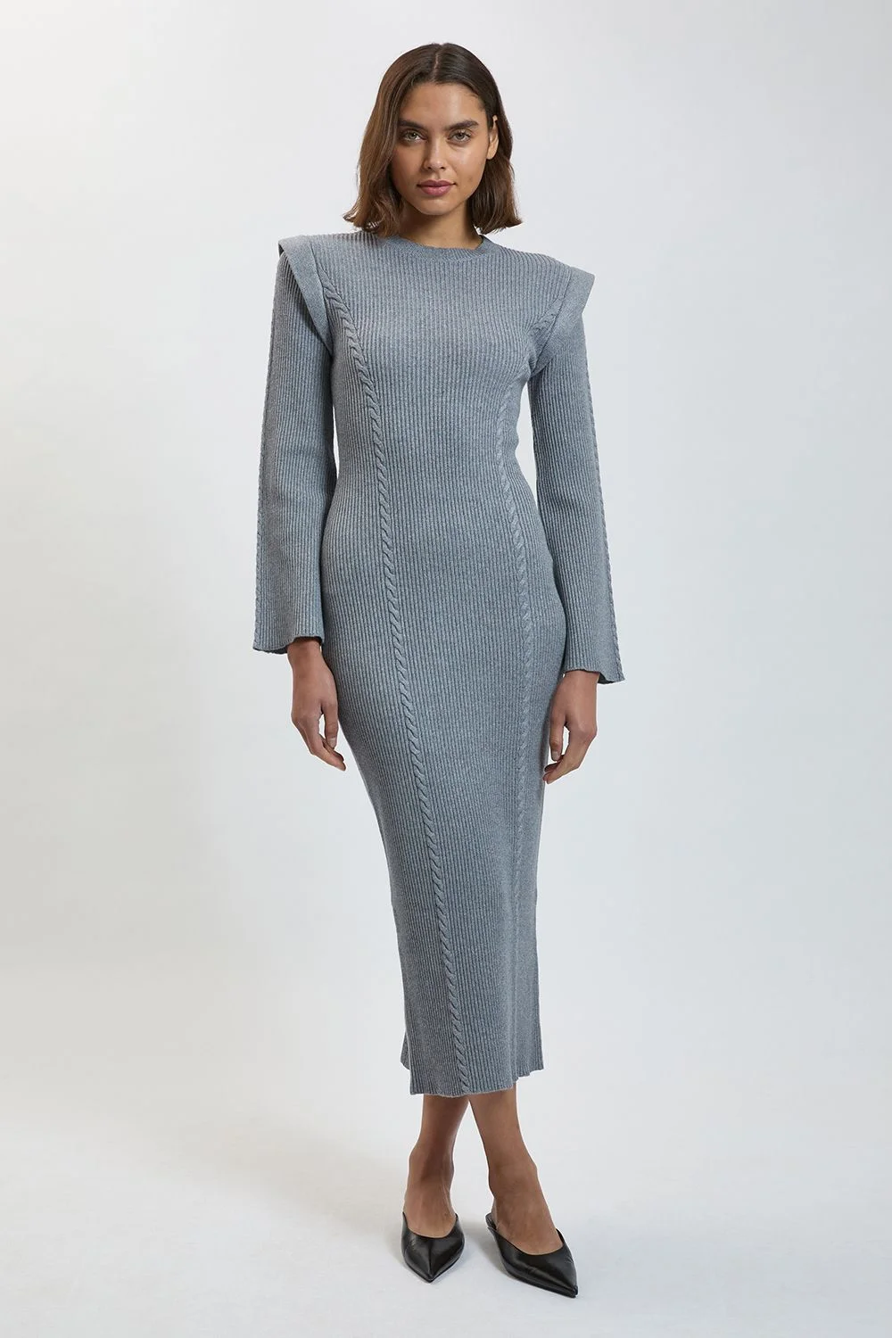 Chain Stitch Wide Shoulder Knitted Midi Dress - 1