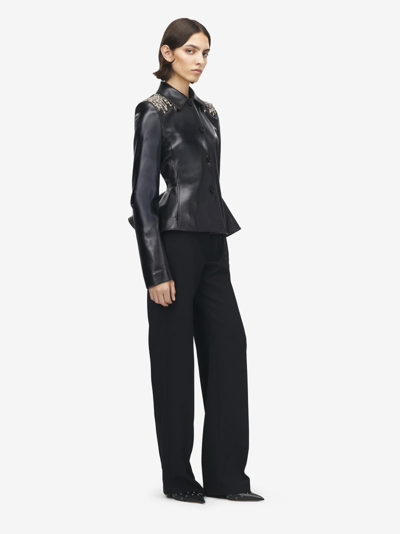 Crystal Embroidery Leather Peplum Jacket 3