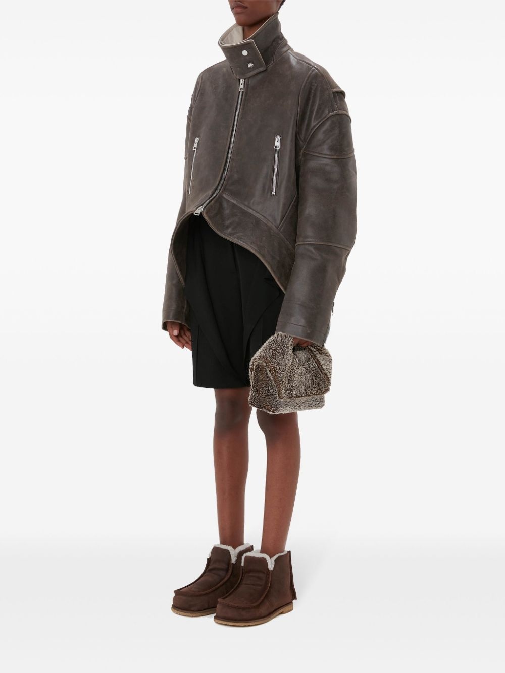 high-neck curved leather jacket - 2