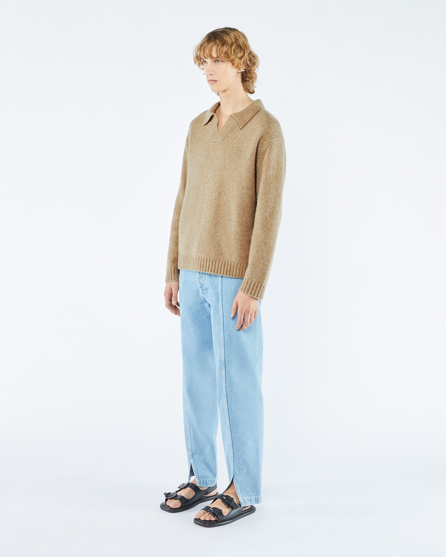 JAURO - Brushed merino wool polo sweater - Oatmeal - 3