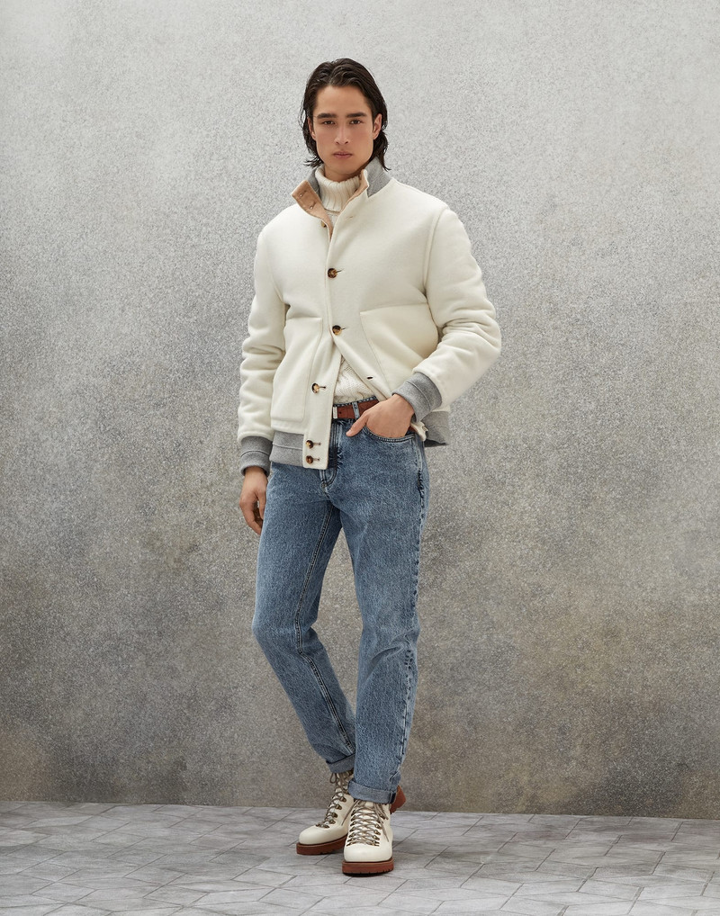 Aged denim traditional fit five-pocket trousers 4