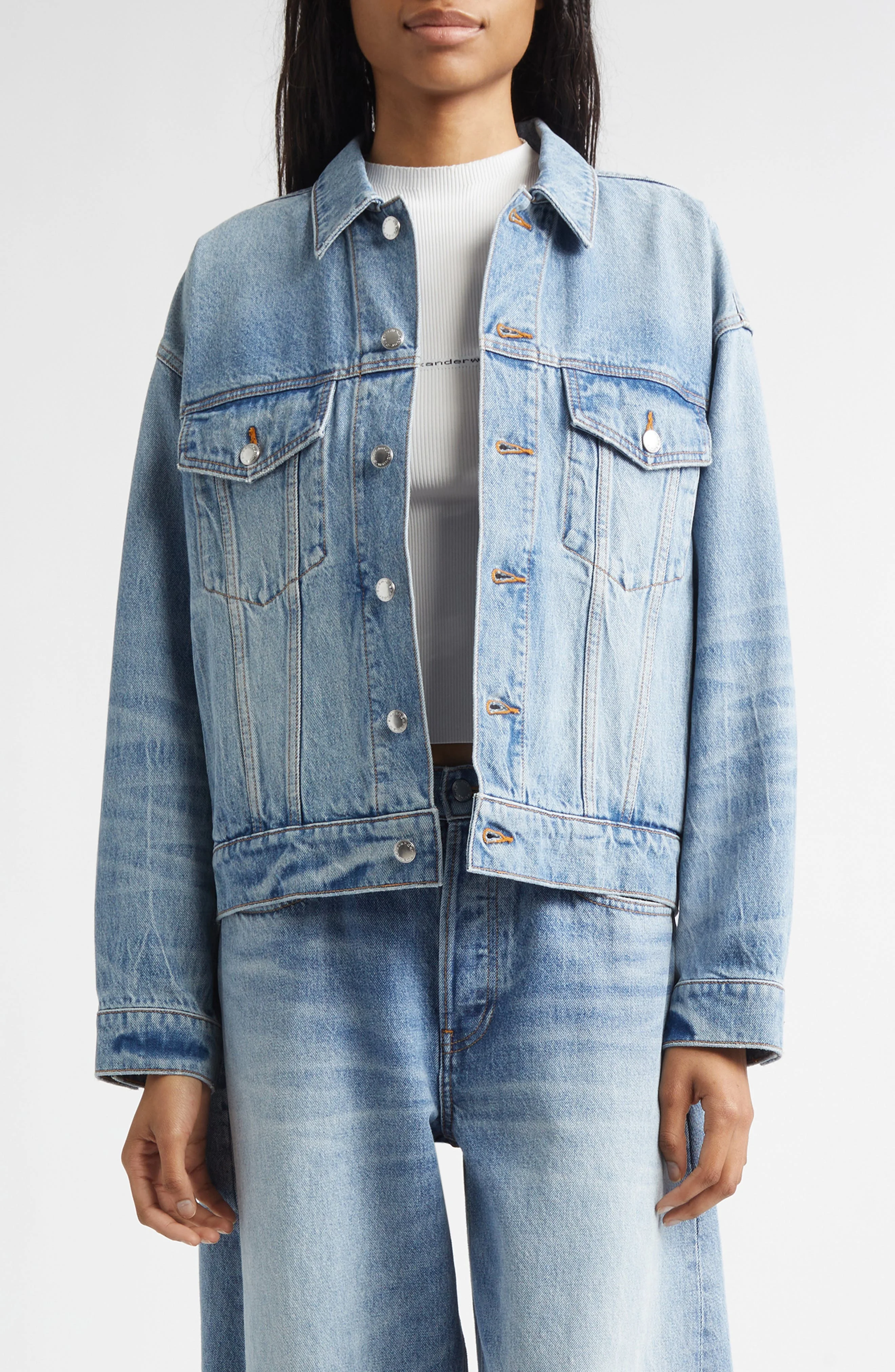Alexander Wang Game Distressed Logo Denim Jacket in Authentic Light Indigo at Nordstrom - 1