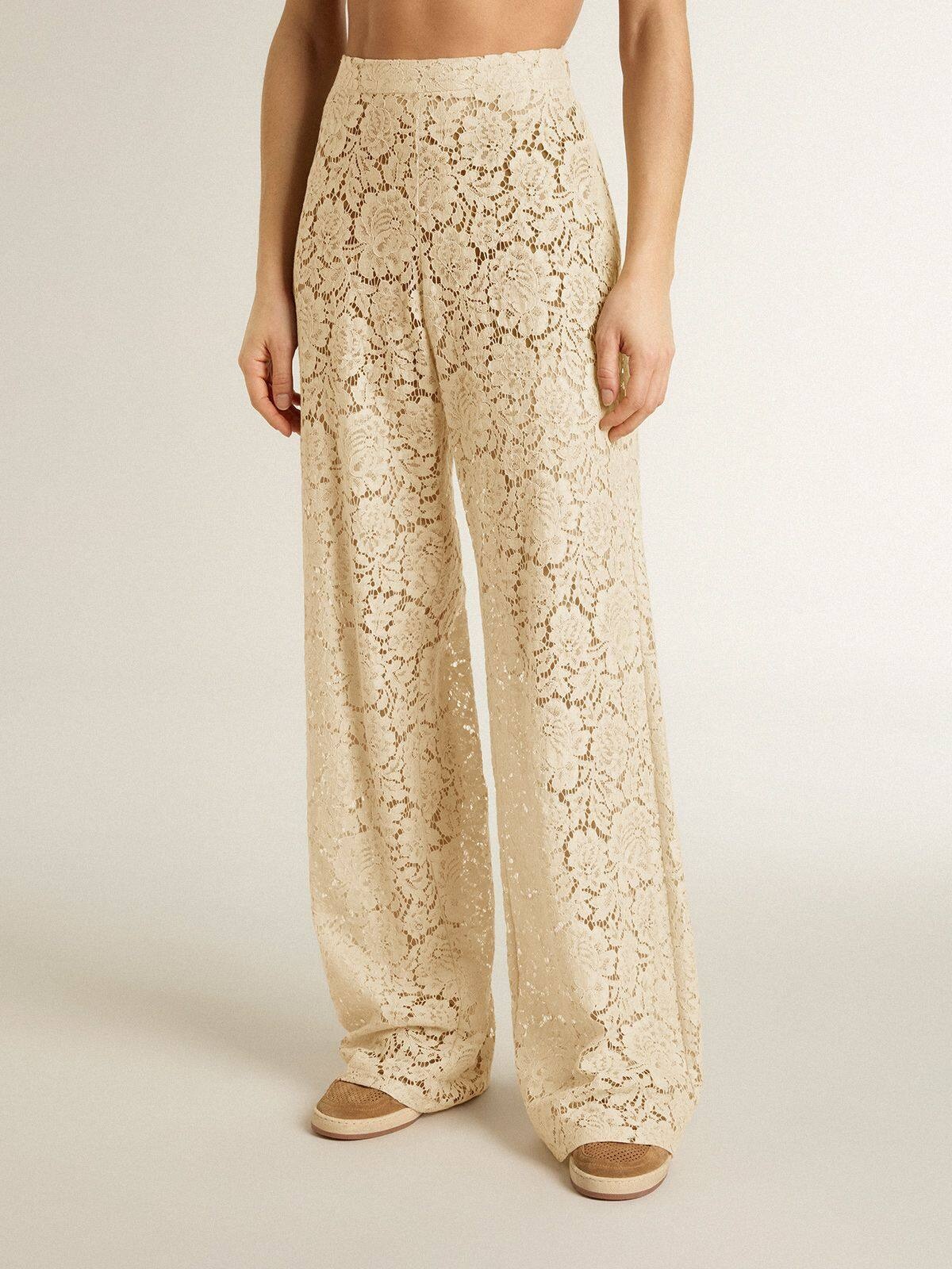 Women's cream-colored see-through lace pants - 2