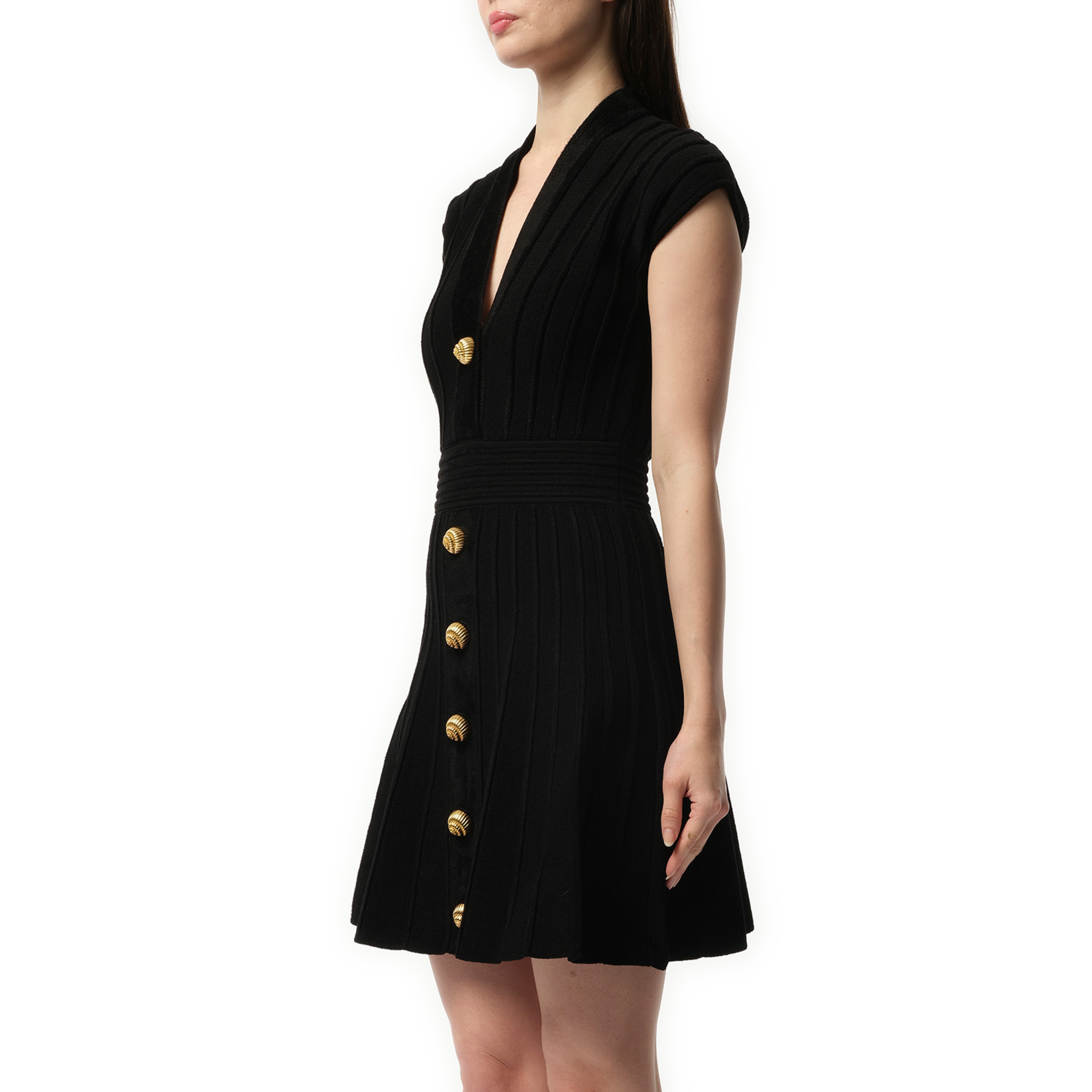 Button V-Neck Velvet Flare Short Dress in Black - 5