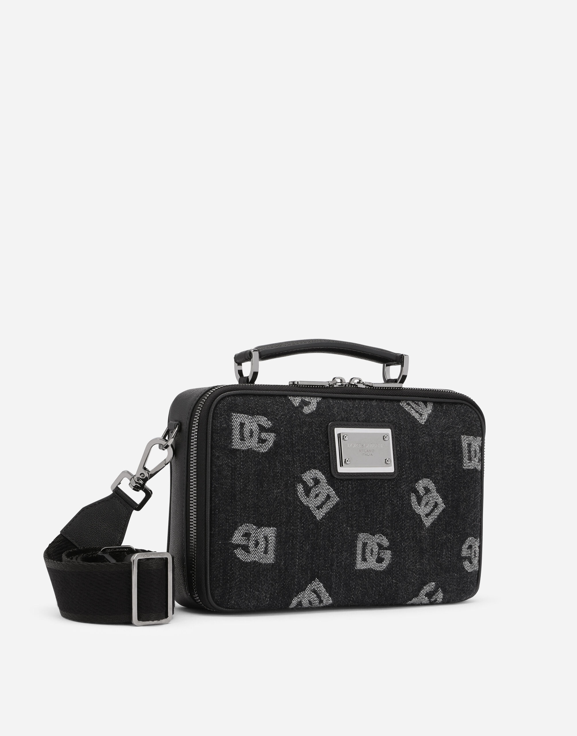 Calfskin and denim crossbody bag with logo - 3