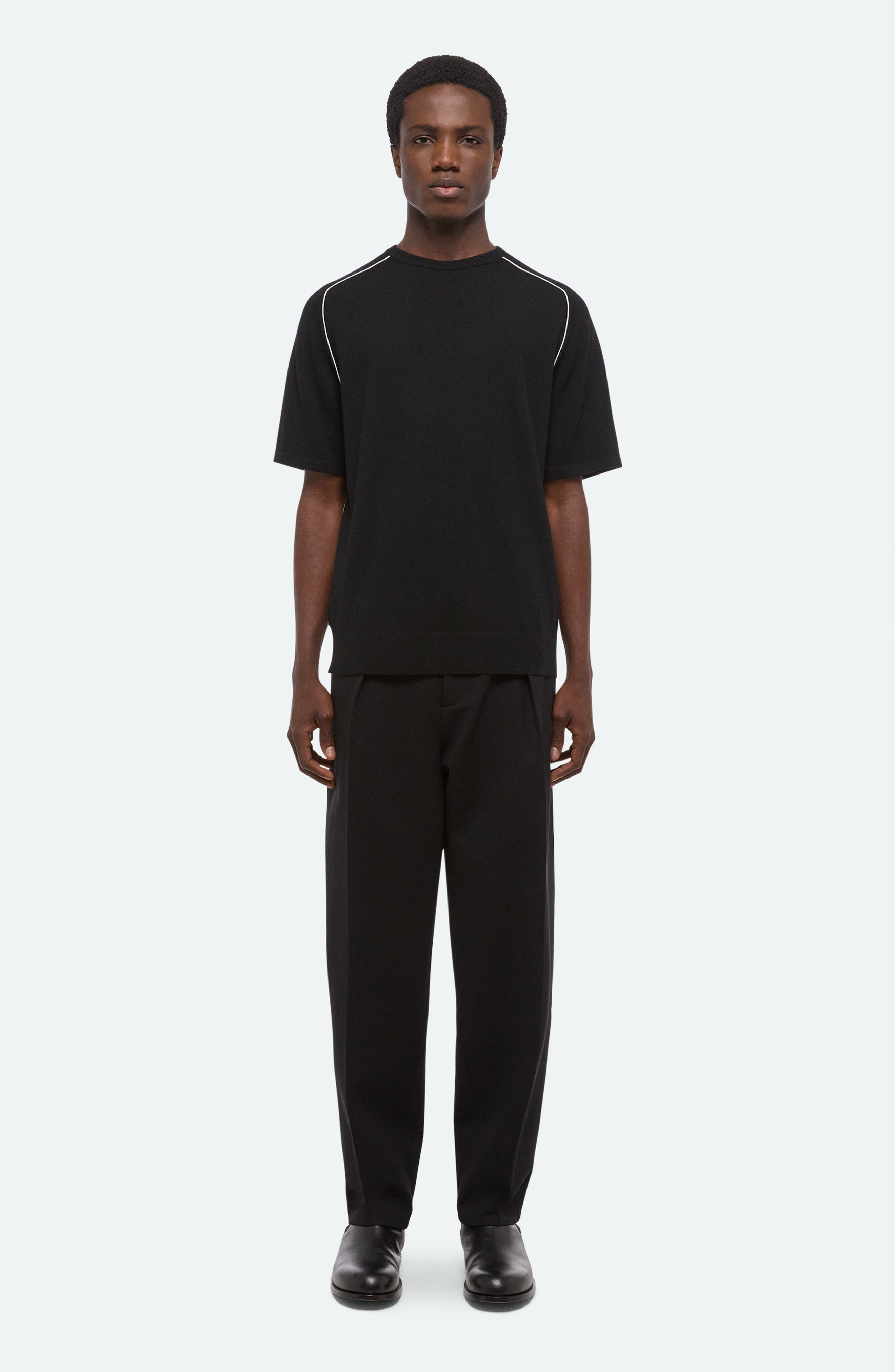 Helmut Lang Contrast Piping Wool T-Shirt in Black/Ivory - 6