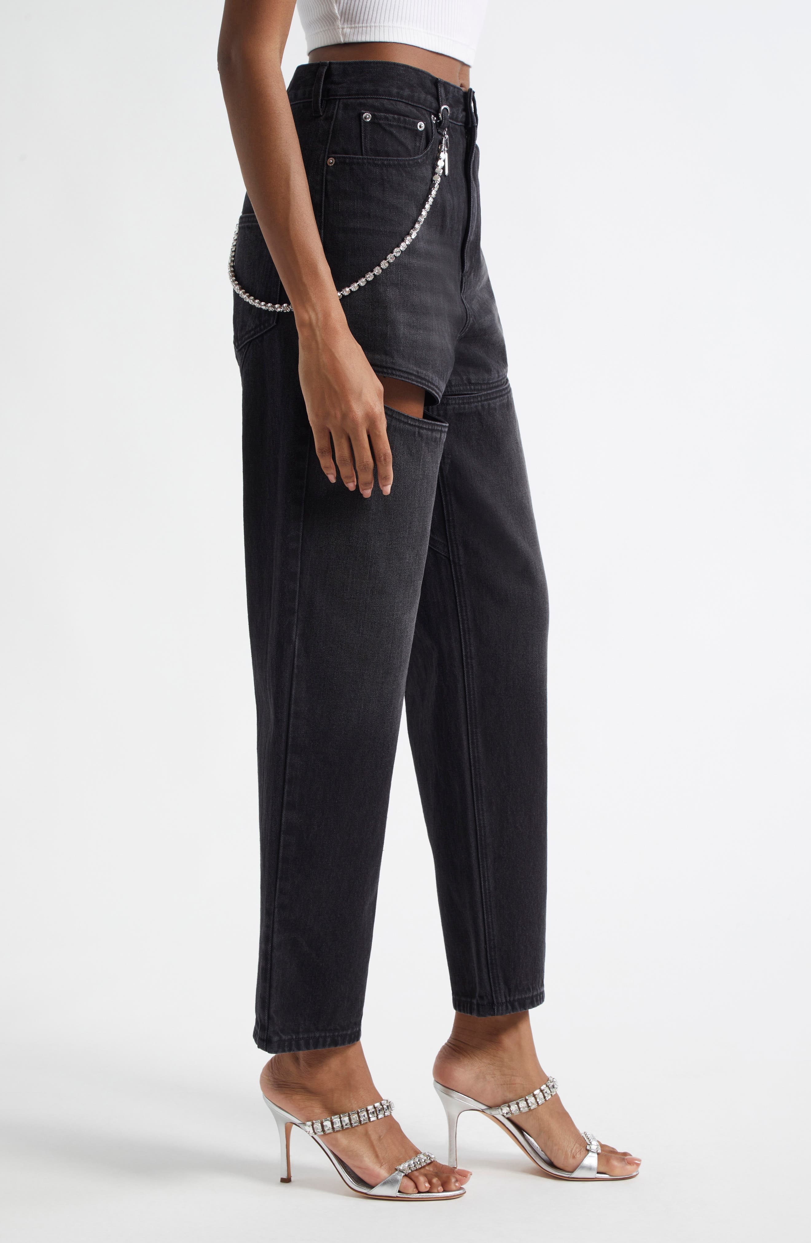 Area Slit Straight Leg Jeans with Crystal Chain in Black at Nordstrom - 3