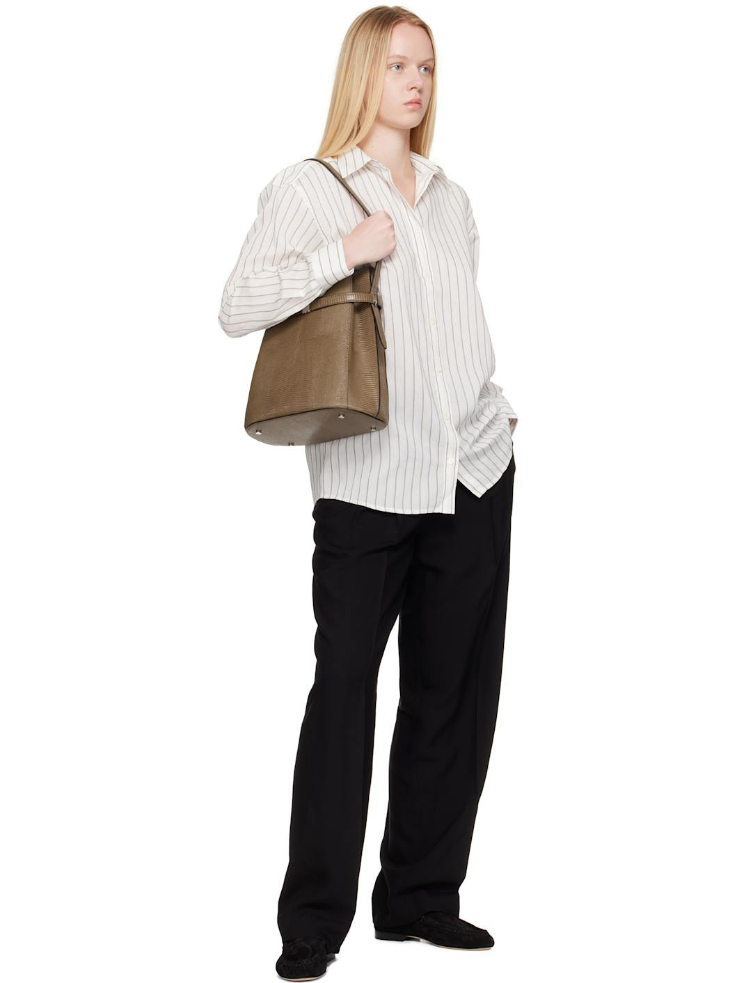 Khaki Belted Lizard-Embossed Bucket Bag - 4