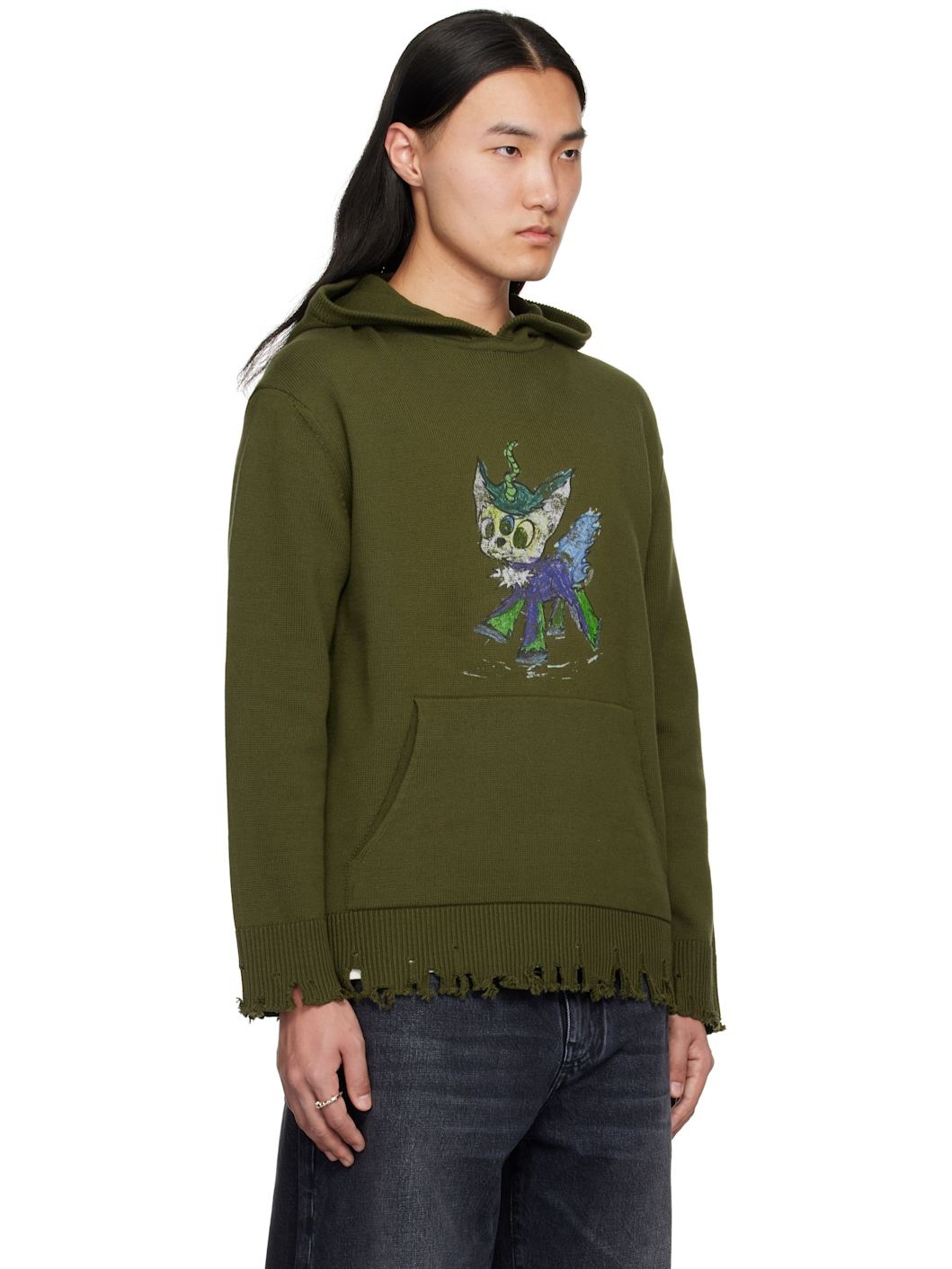 Khaki Grunge Monster Pony Knit Hoodie - 2