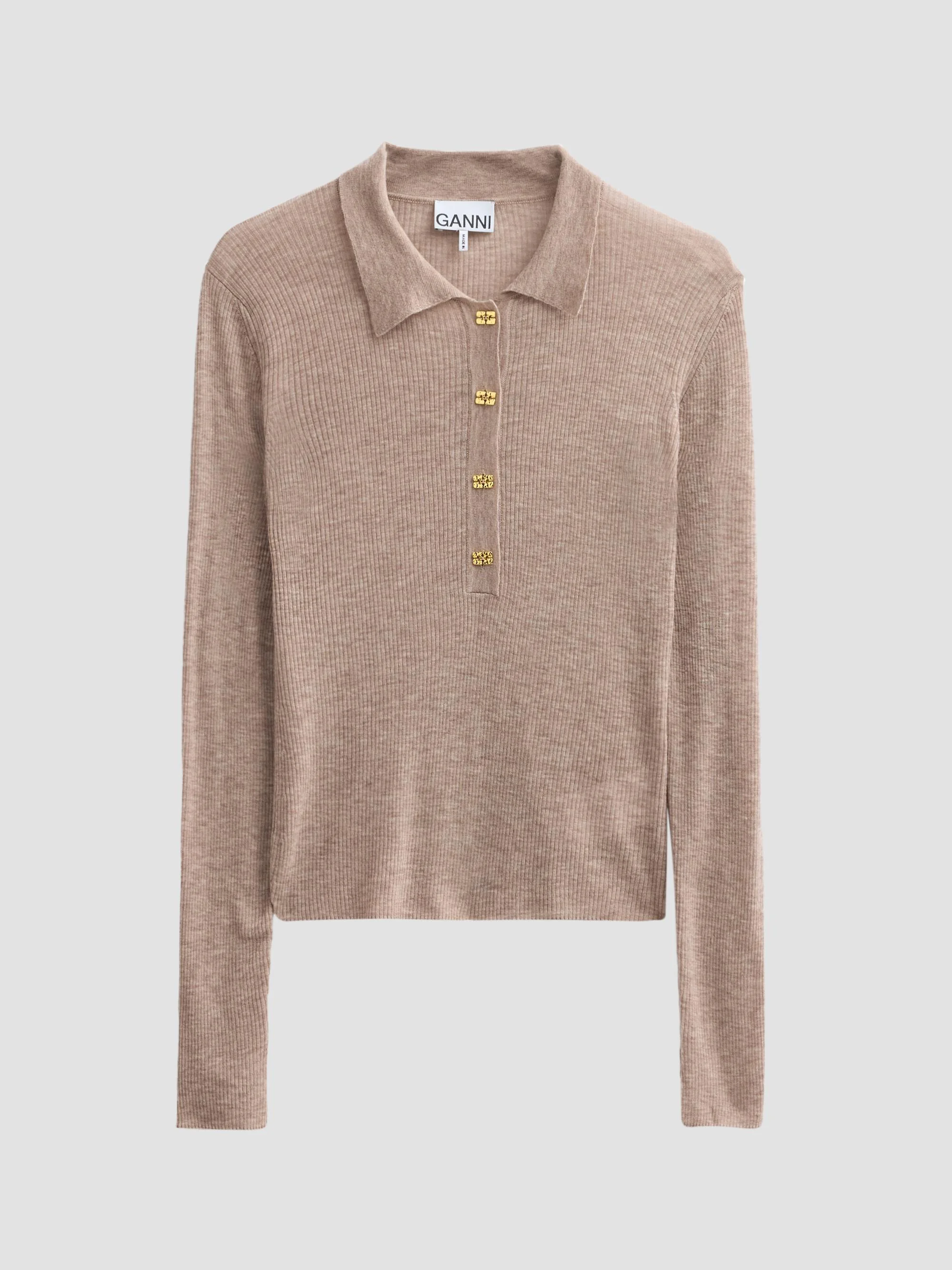 Women's Sheer Wool Ribbed Polo Sweater - Safari - 1