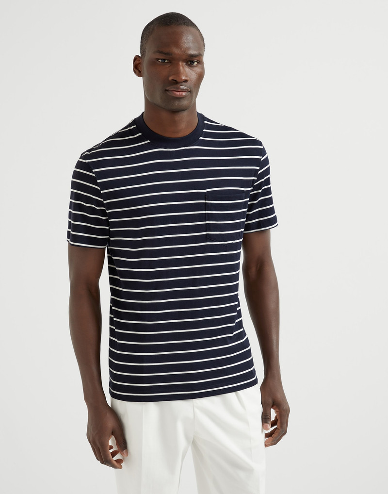 Silk and cotton striped jersey crew neck T-shirt with chest pocket 1
