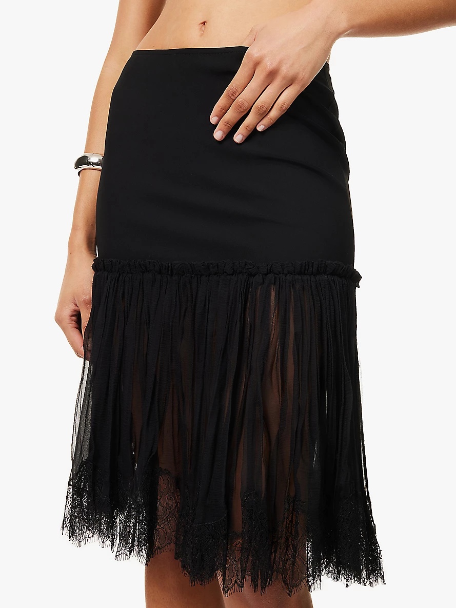 Pleated lace-trim stretch-woven blend midi skirt - 5