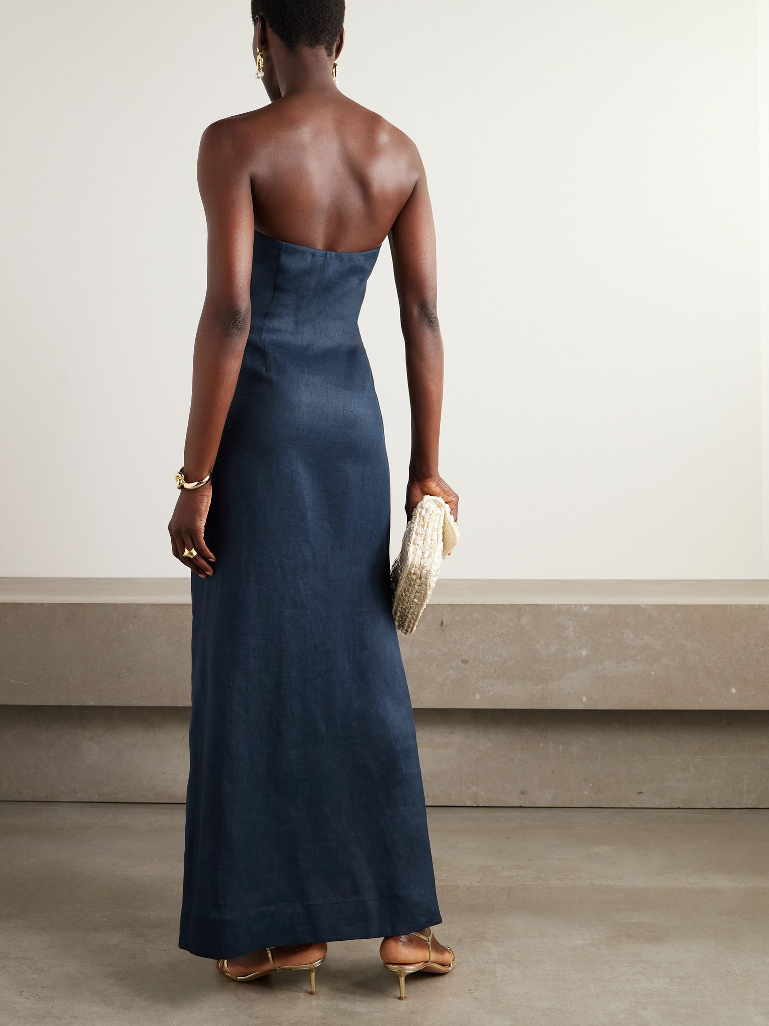 Tactos strapless embroidered appliquéd linen maxi dress Navy - 3