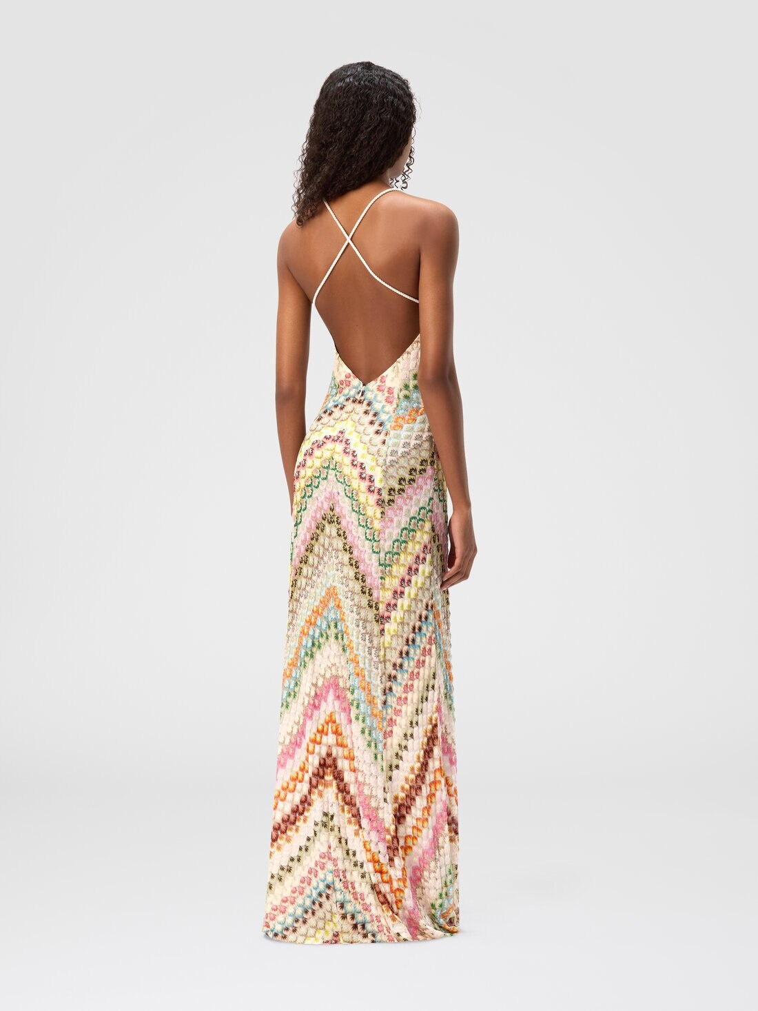 Long viscose dress with V-neck lace and zig zag pattern - 3