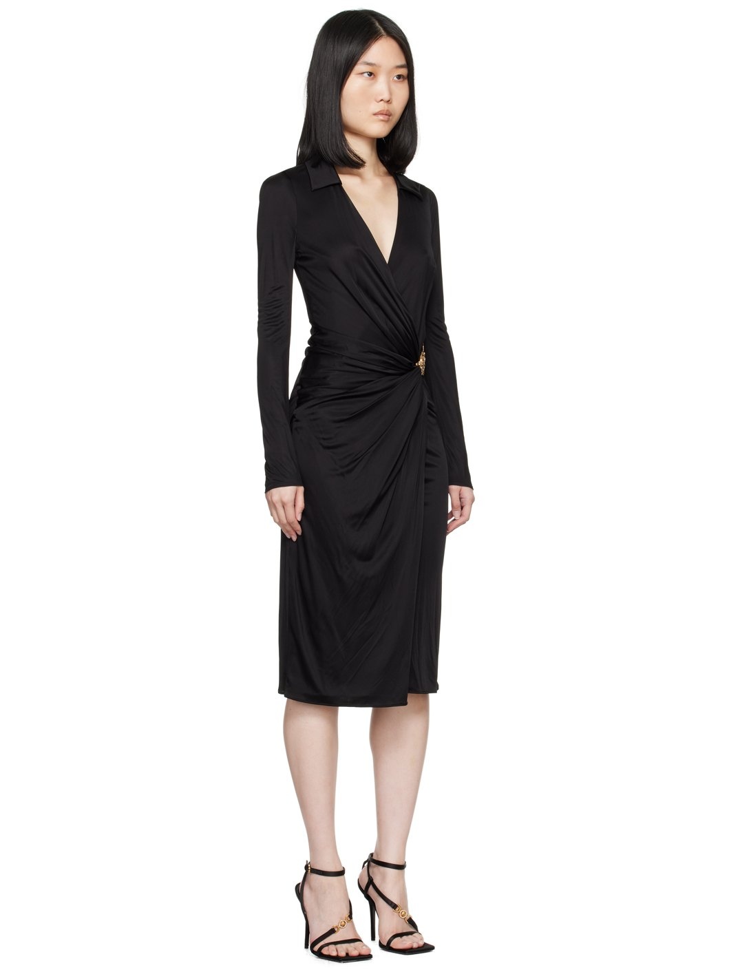 Black Gathered Midi Dress - 4