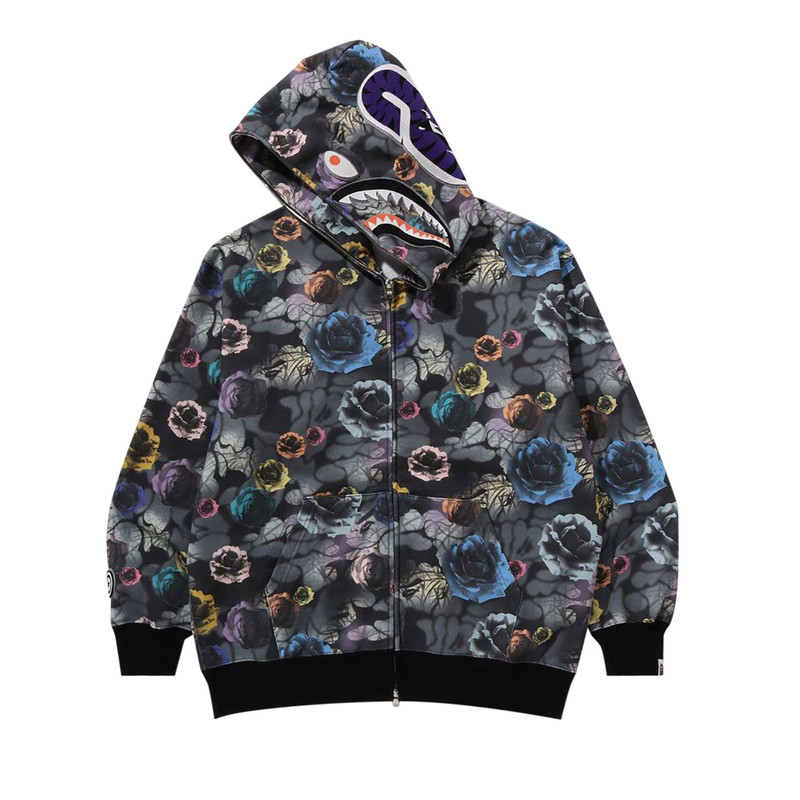 A BATHING APE® BAPE Floral Camo Shark Relaxed Fit Full Zip Hoodie 'Black' outlook