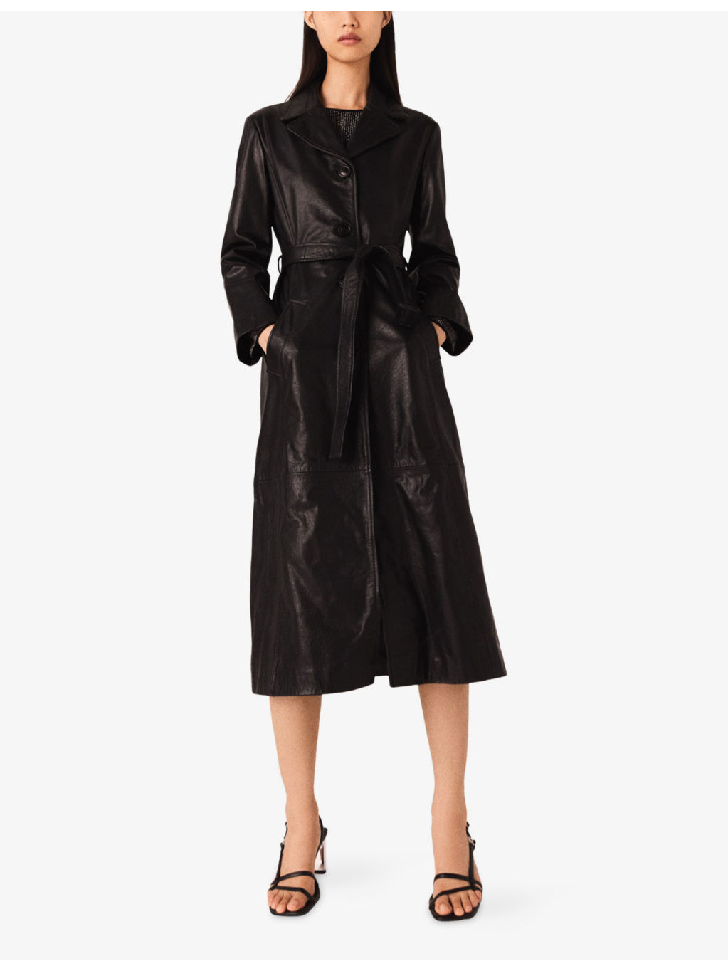 Long Belted-Waist Leather Trench Coat - 2