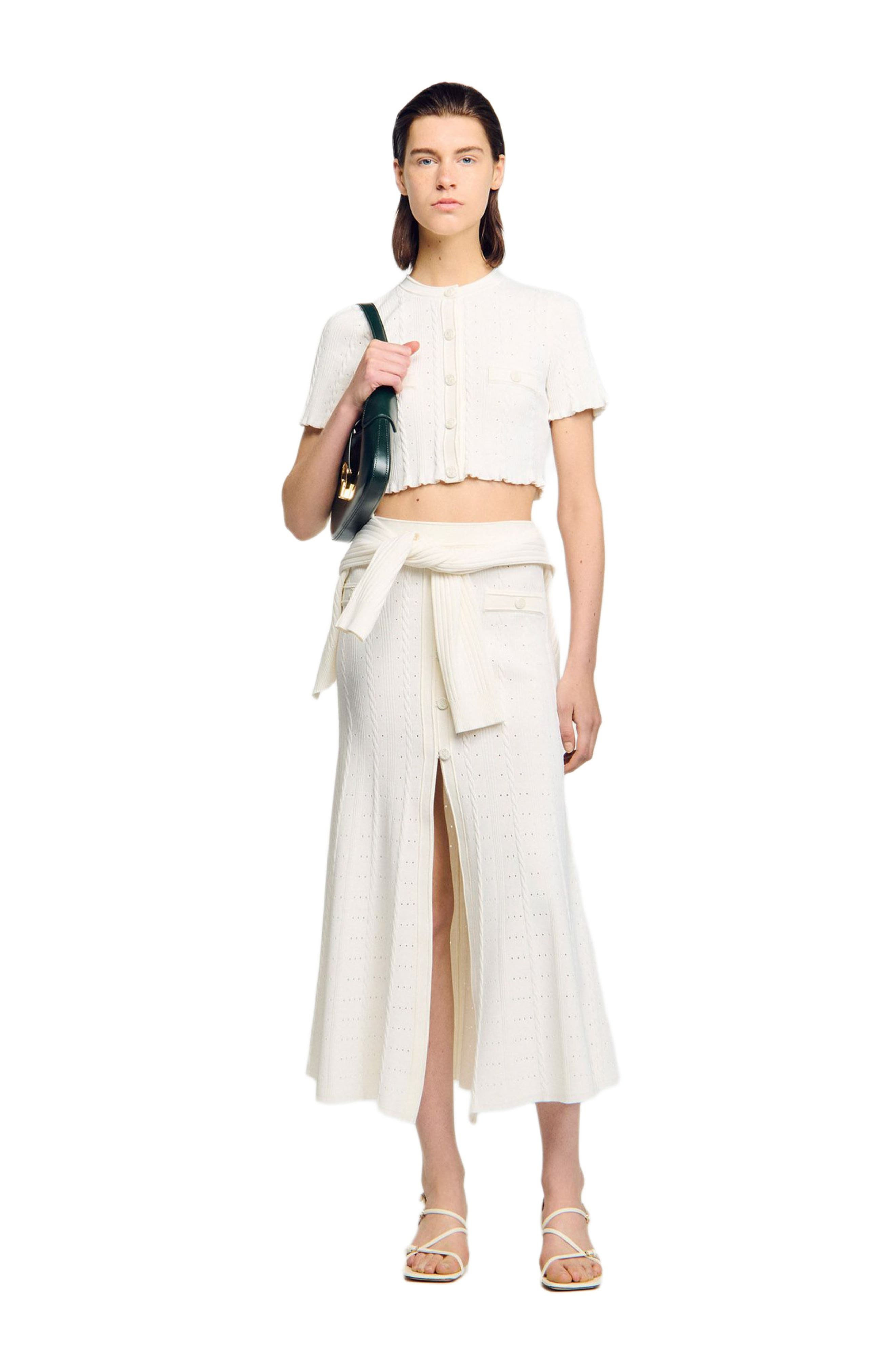SANDRO Cropped pointelle knit cardigan in Ecru at Nordstrom - 6