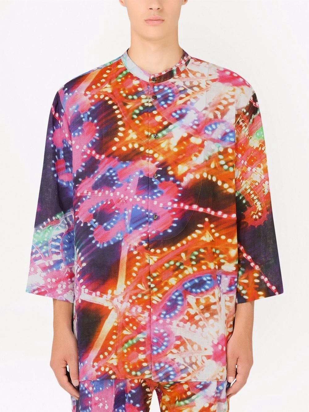 graphic-print band-collar shirt - 3