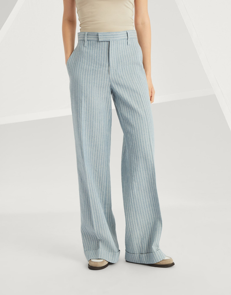 Linen and hemp chalk stripe twill loose flared trousers with monili 1