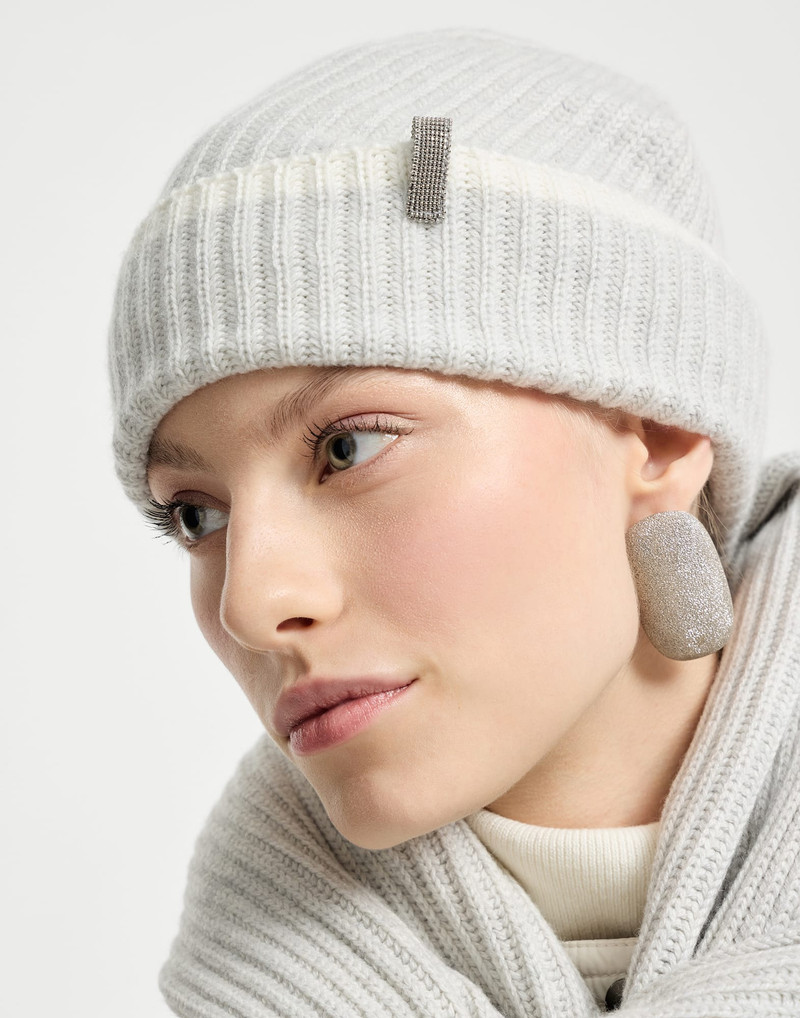 Cashmere English rib knit beanie with monili 3