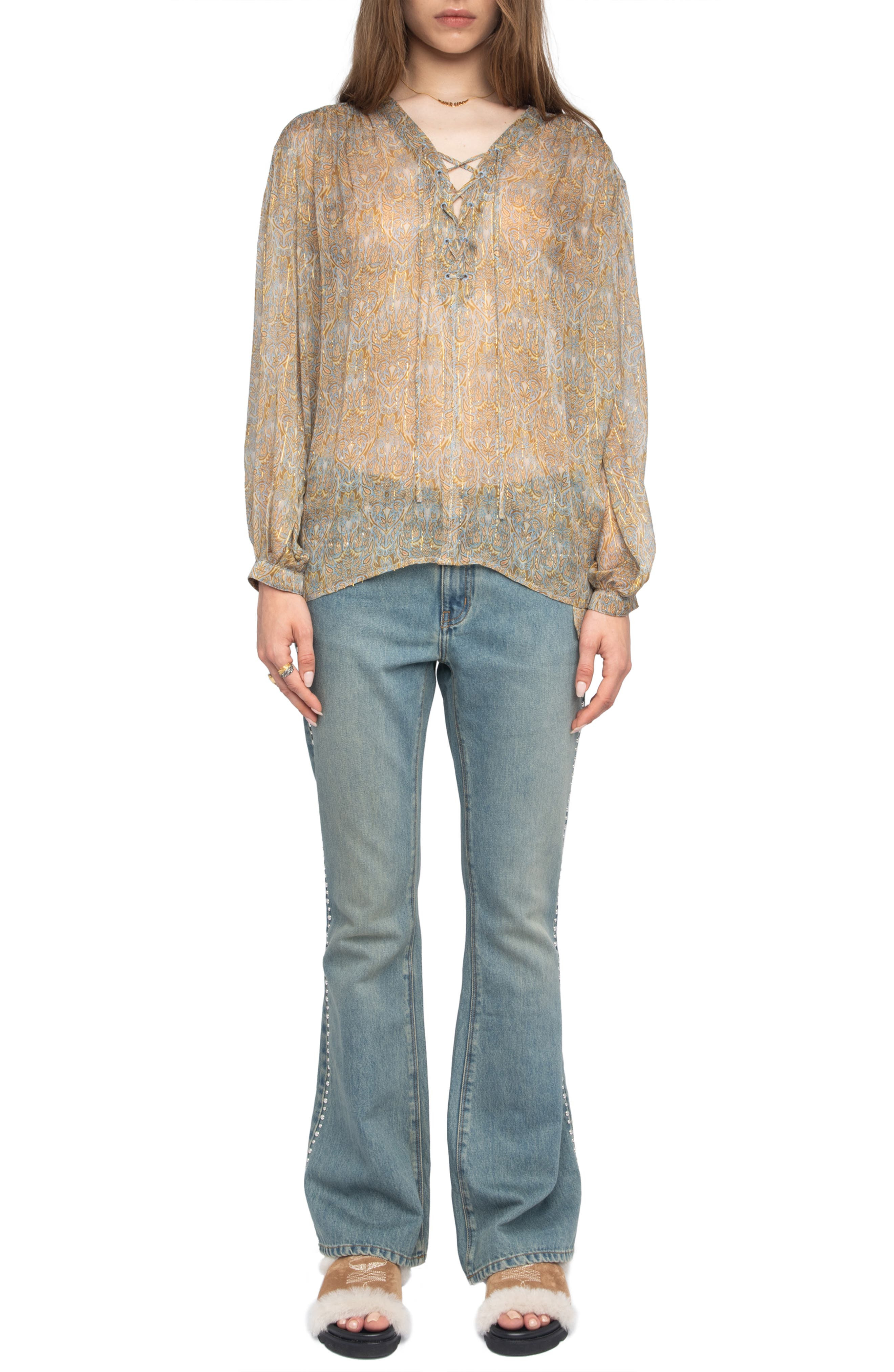 Zadig & Voltaire Tamela Mousseline Metallic Paisley Sheer Top in Cloud at Nordstrom - 7