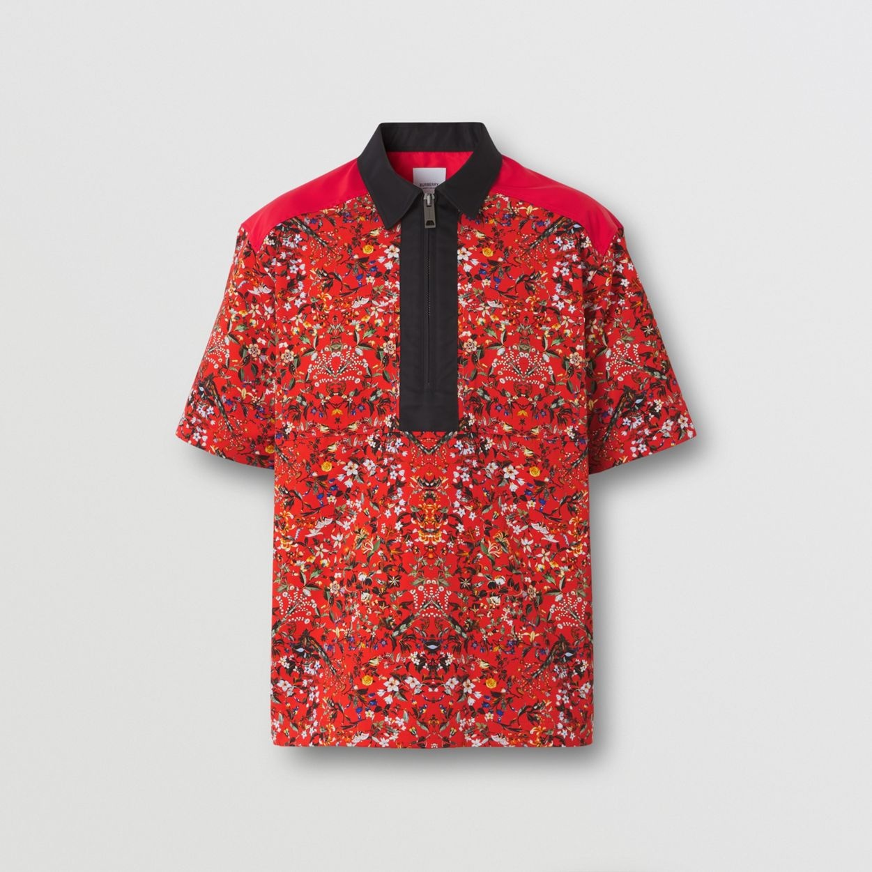 Short-sleeve Floral Print Cotton Zip-front Shirt - 1