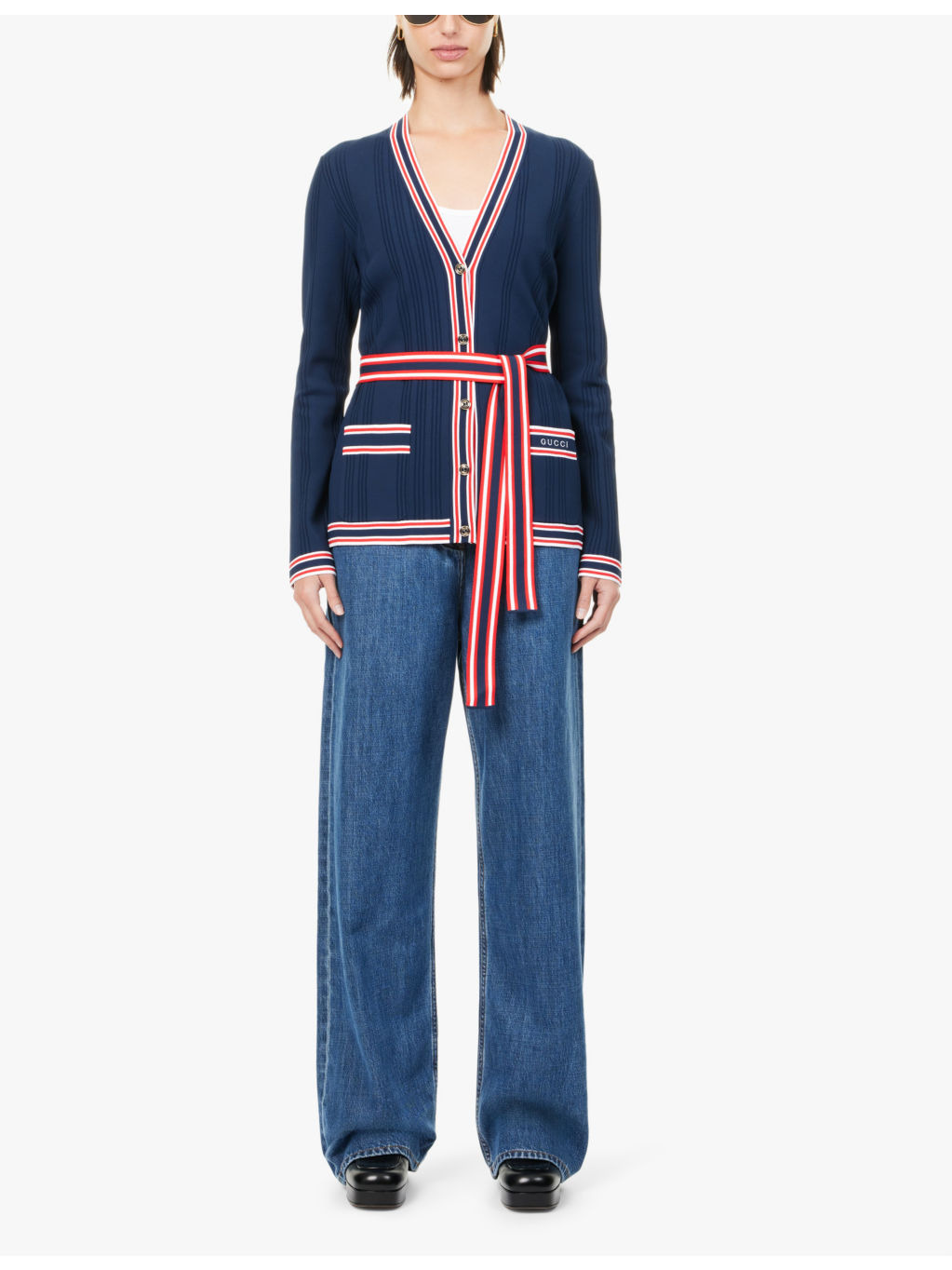 Brand-embroidered tie-belt woven-blend cardigan - 2