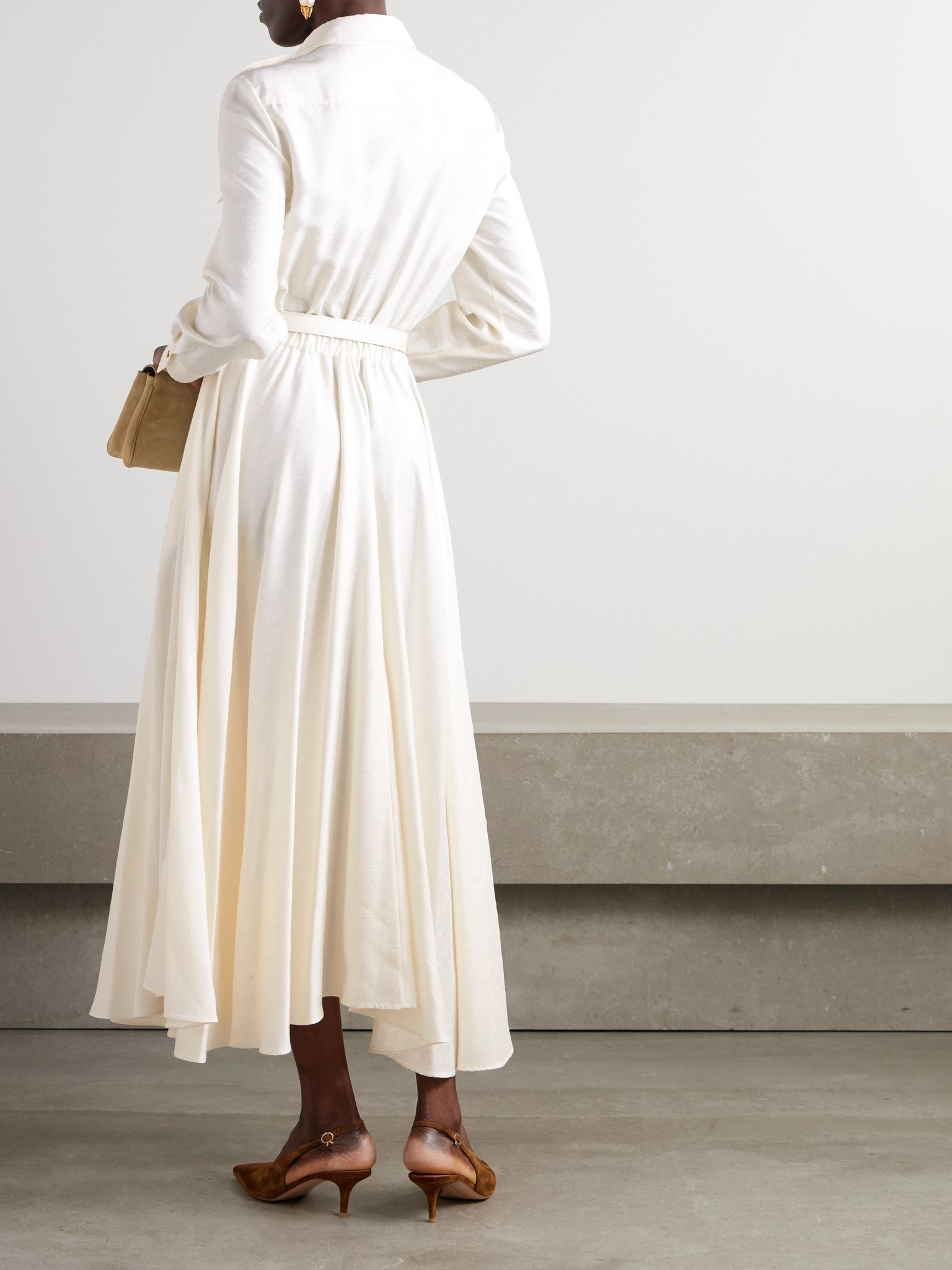 Lela belted leather-trimmed silk-shantung midi shirt dress Off-white - 3