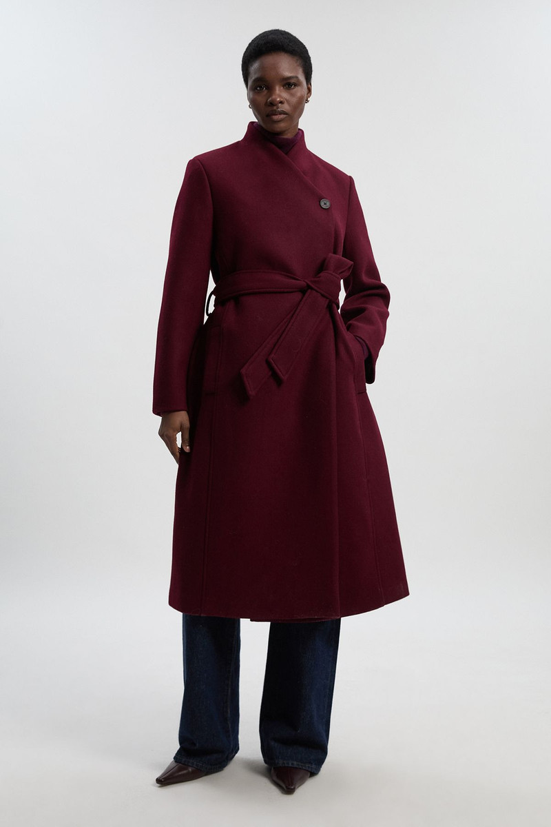 KAREN MILLEN Wool Wrap Neck Tailored Belted Midi Coat outlook