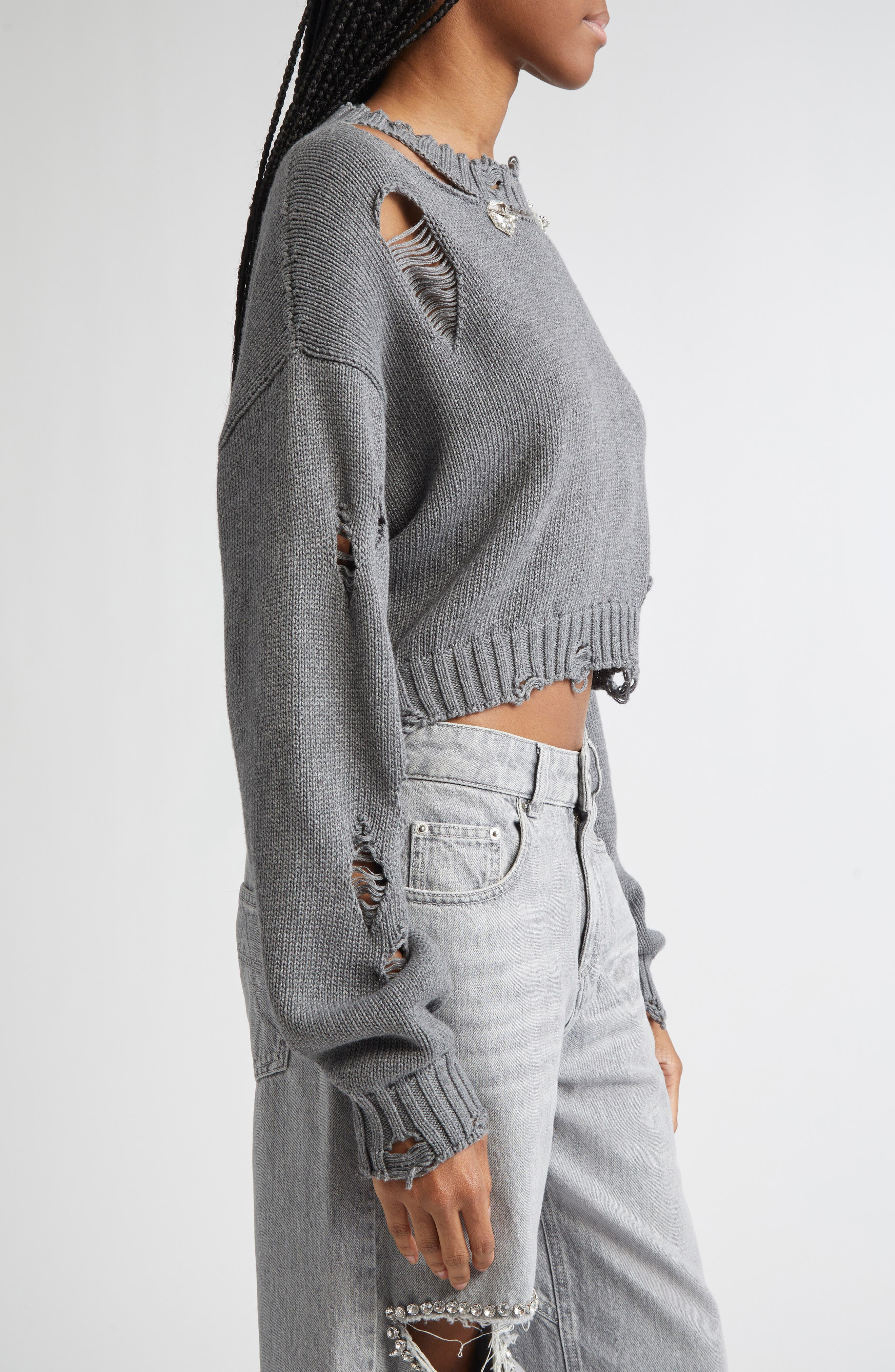 Area Distressed Crystal Organic Cotton & Cashmere Crewneck Sweater in Heathered Grey at Nordstrom - 2