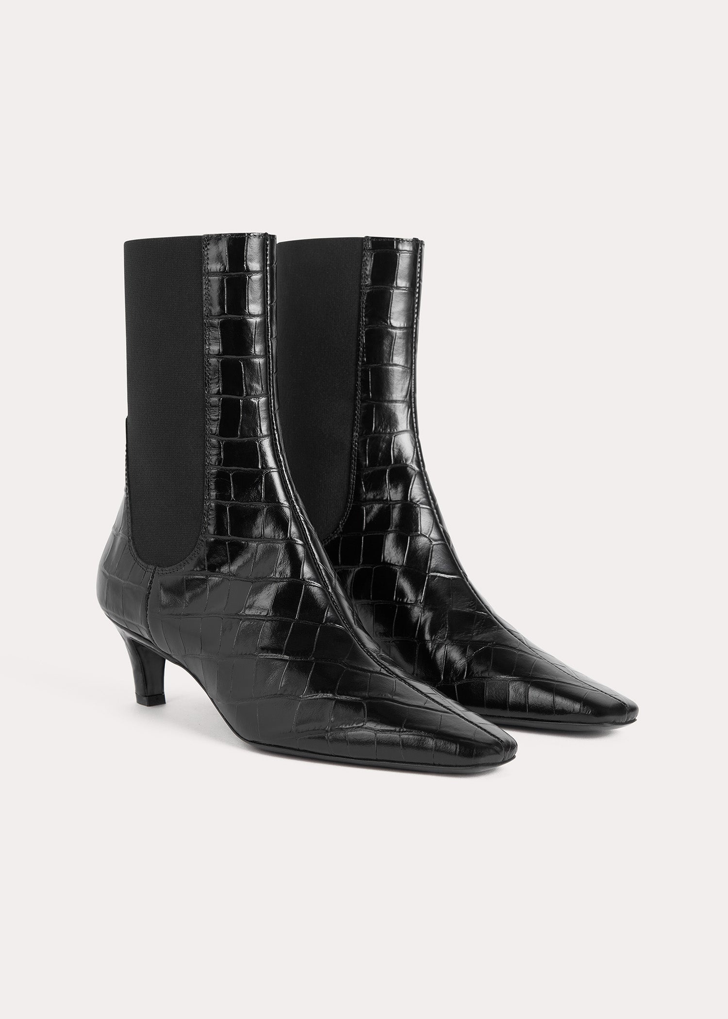 The Mid Heel Leather Boot black croco - 3
