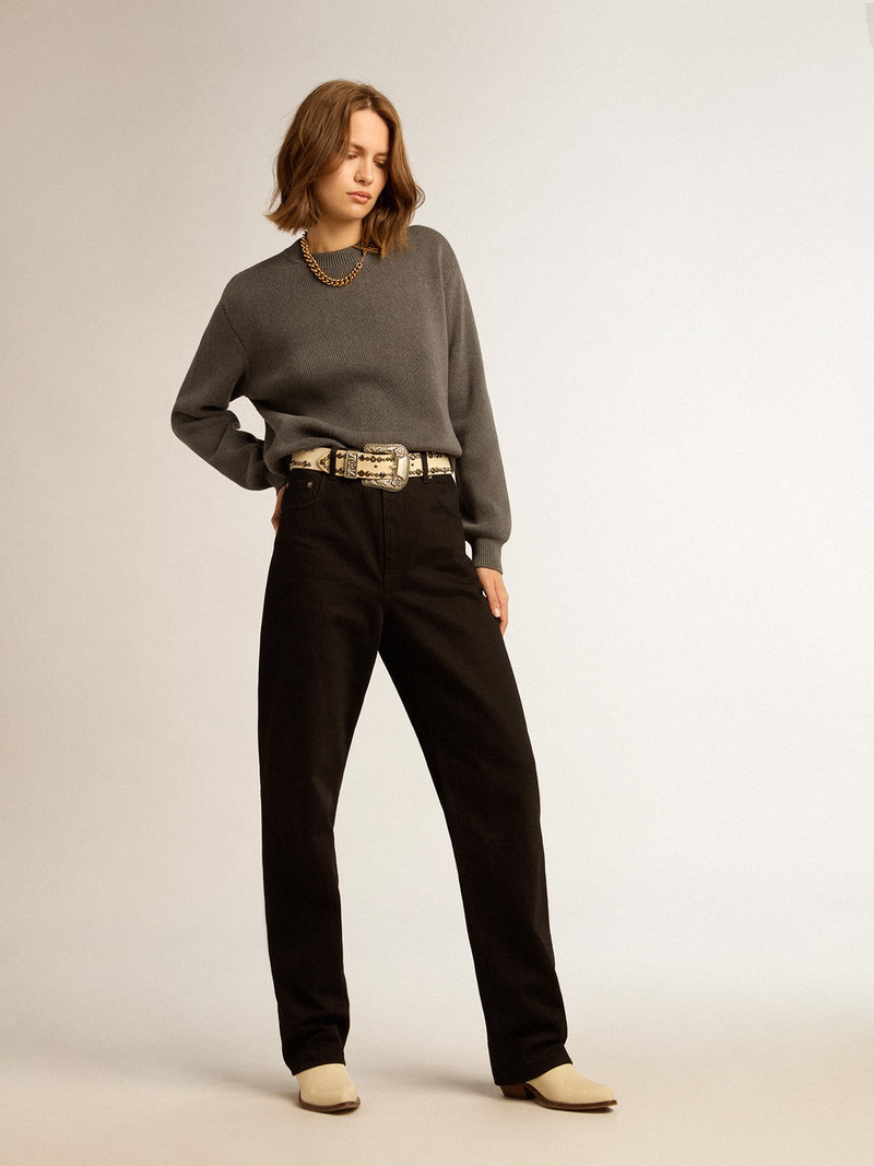 Golden Goose Women's round-neck sweater in dark gray cotton with logo on the back outlook