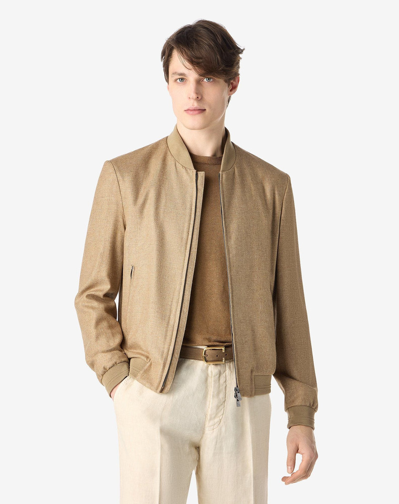 CORNELIANI Dark beige wool and silk twill bomber jacket outlook