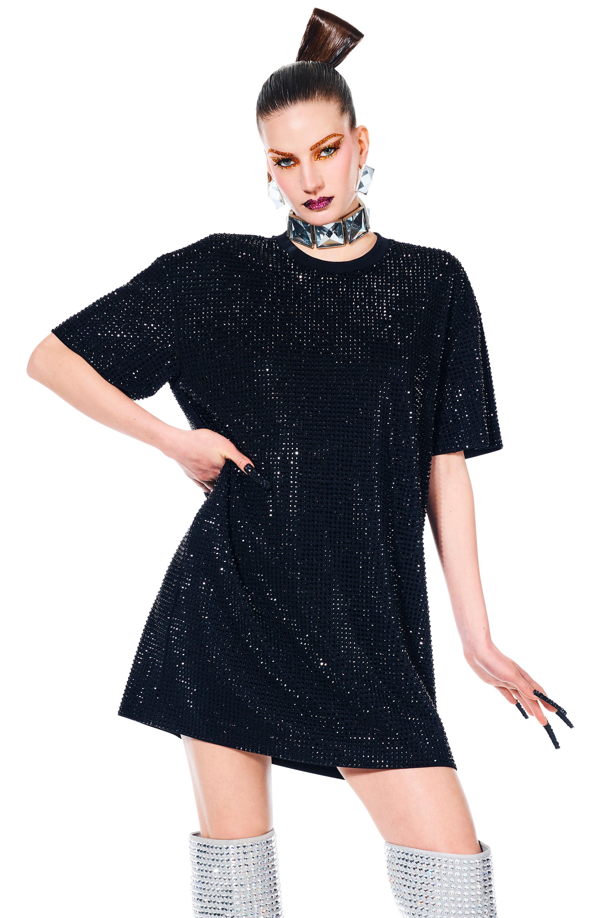 CRYSTAL EMBELLISHED T-SHIRT DRESS - 1