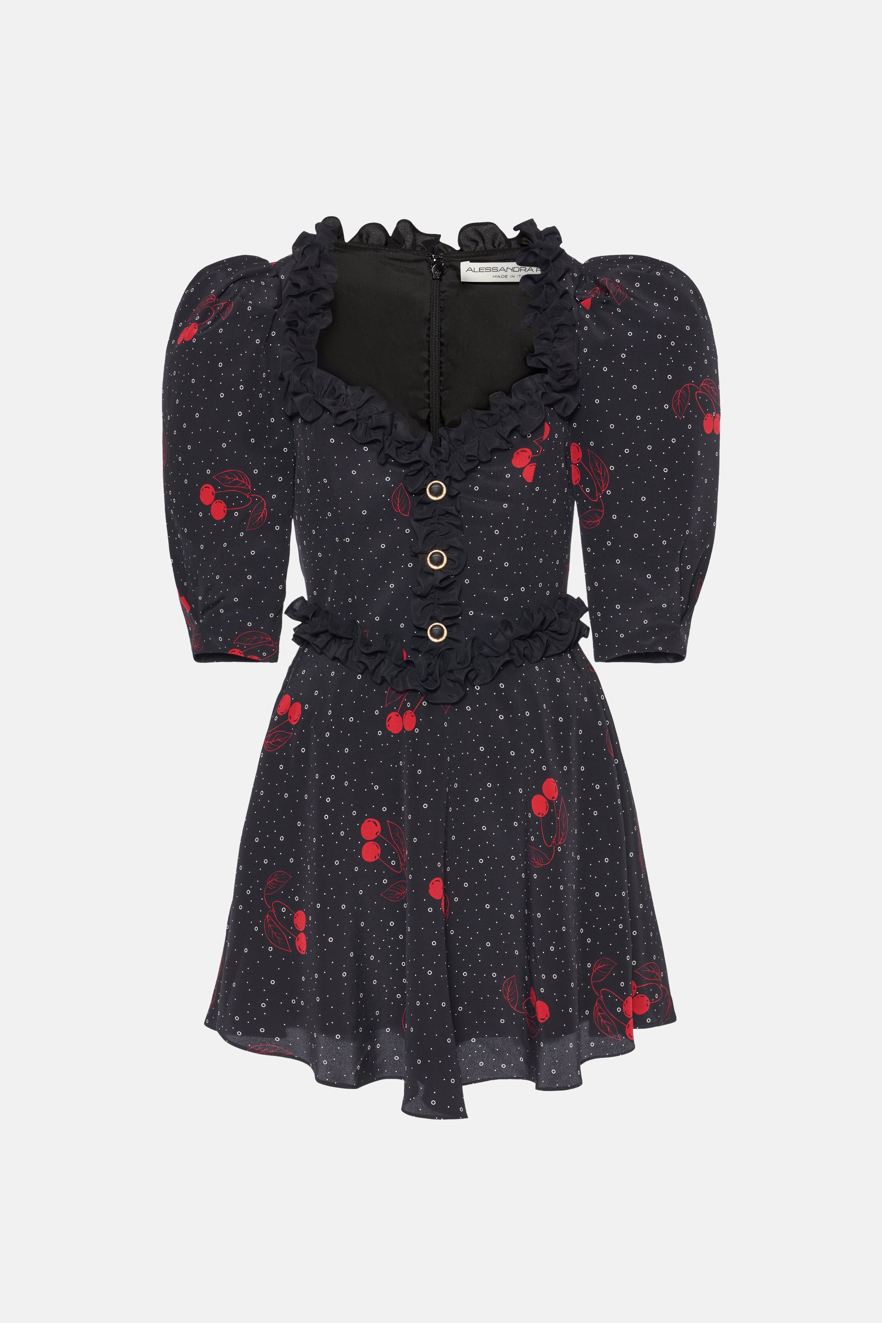 CHERRY PRINT SILK MINI DRESS WITH RUFFLE DETAILS - 1