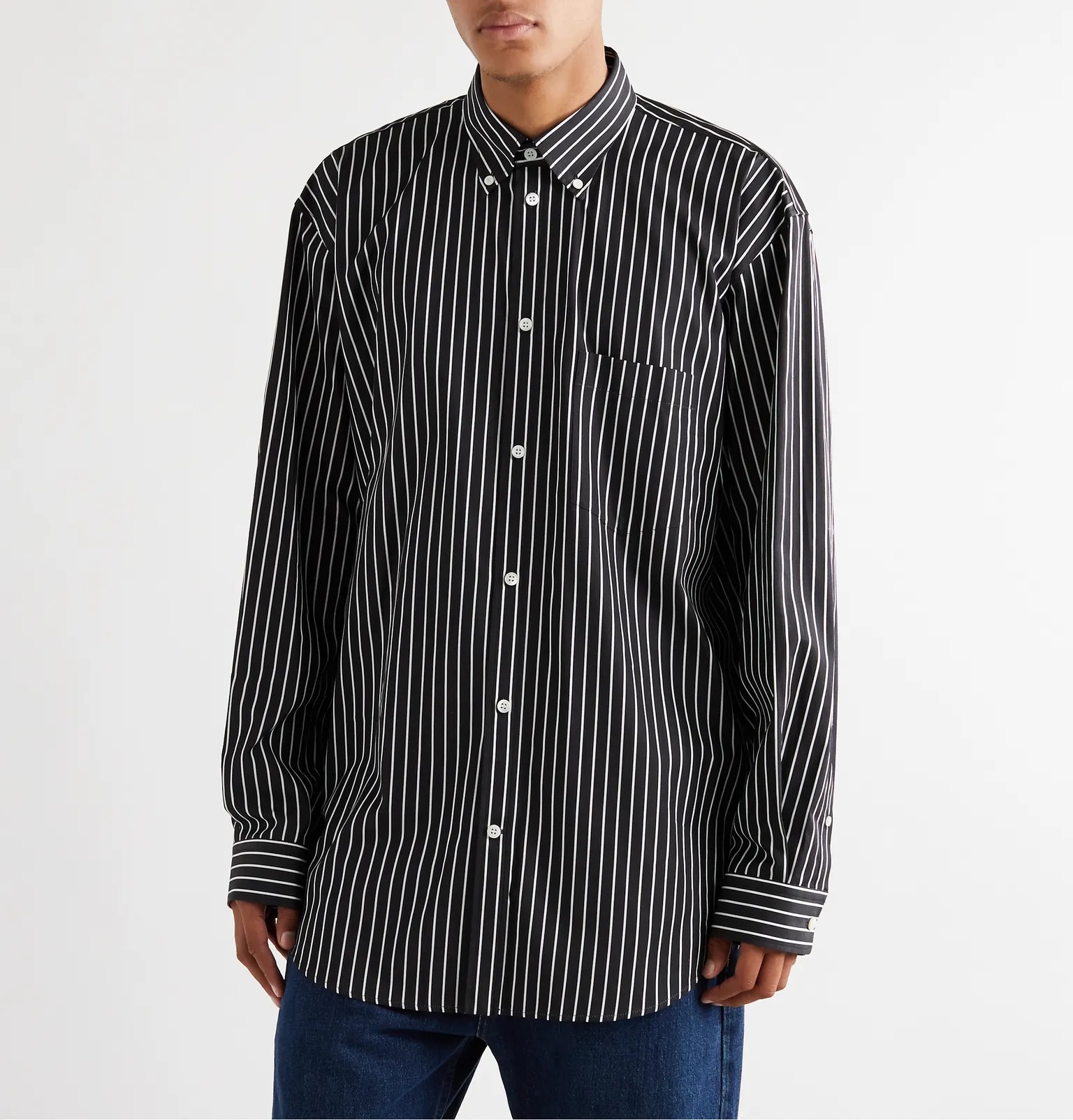 Oversized Button-Down Collar Logo-Print Pinstriped Cotton-Poplin Shirt - 4