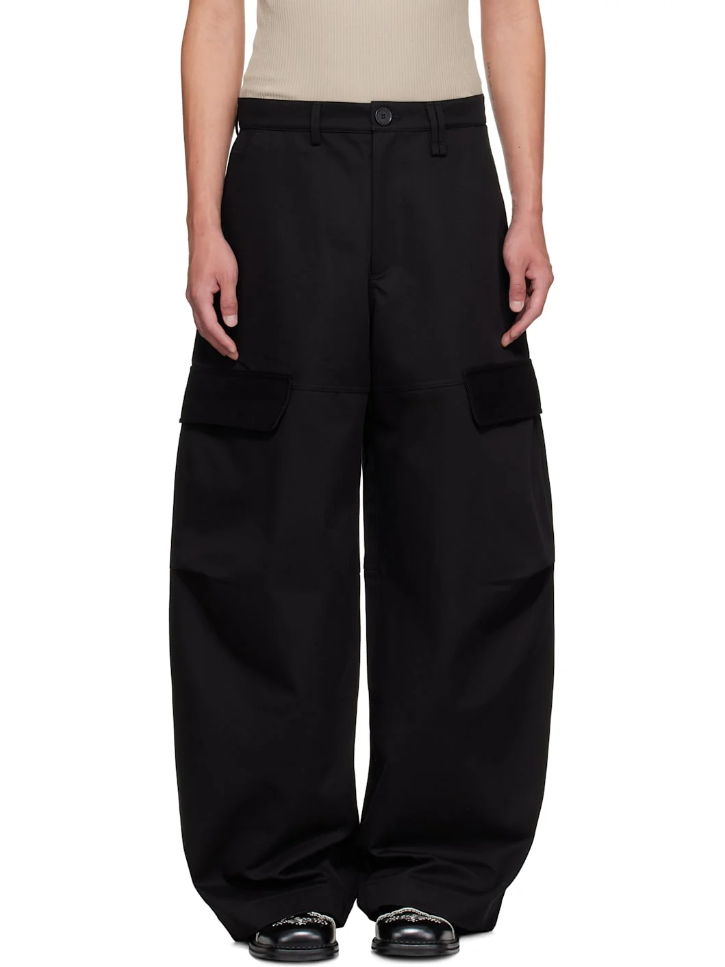 Black Balloon Knee Pleat Cargo Pants - 1