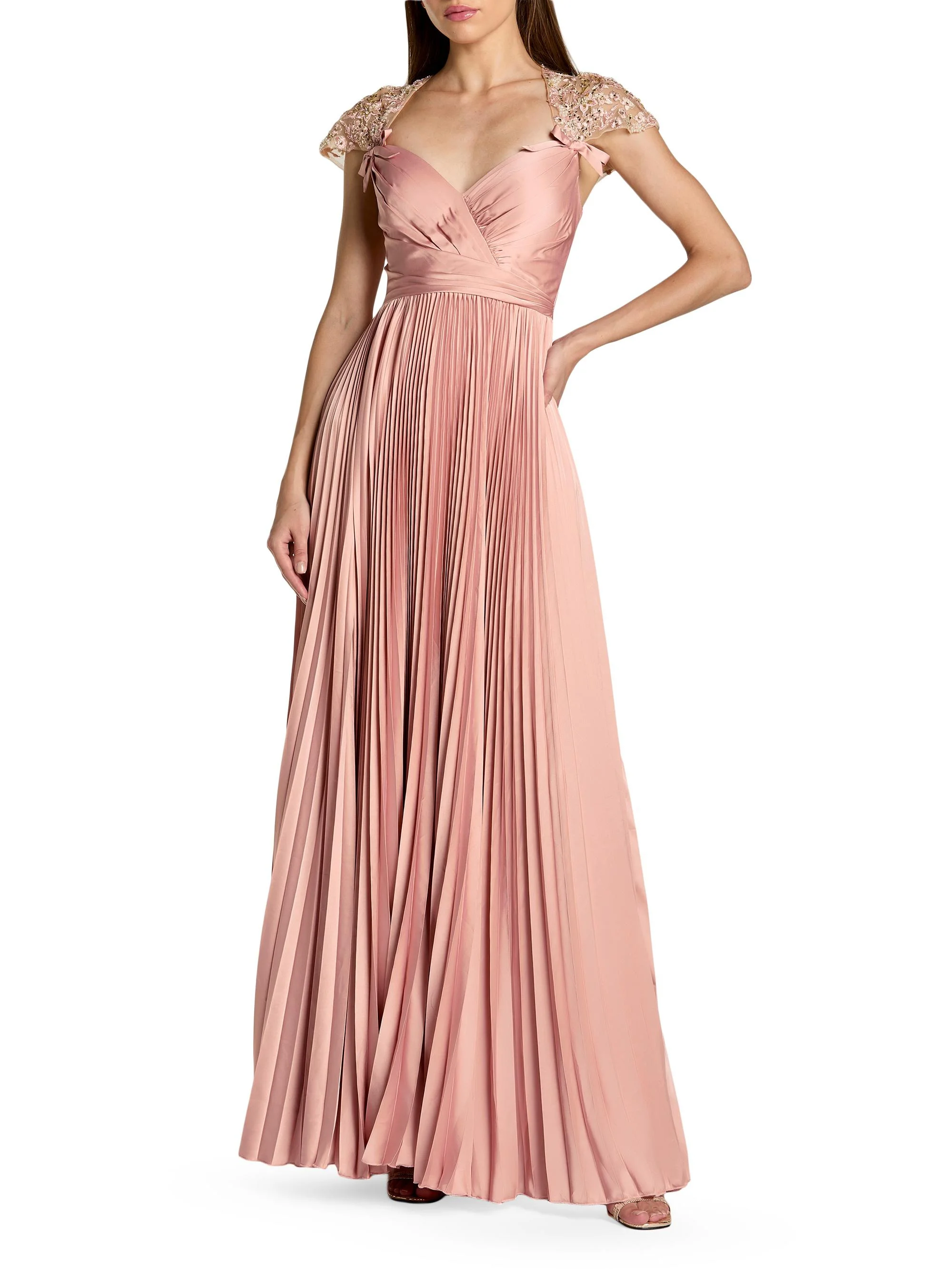 Women's Floral Beaded Charmeuse Satin Gown - Rose - 1