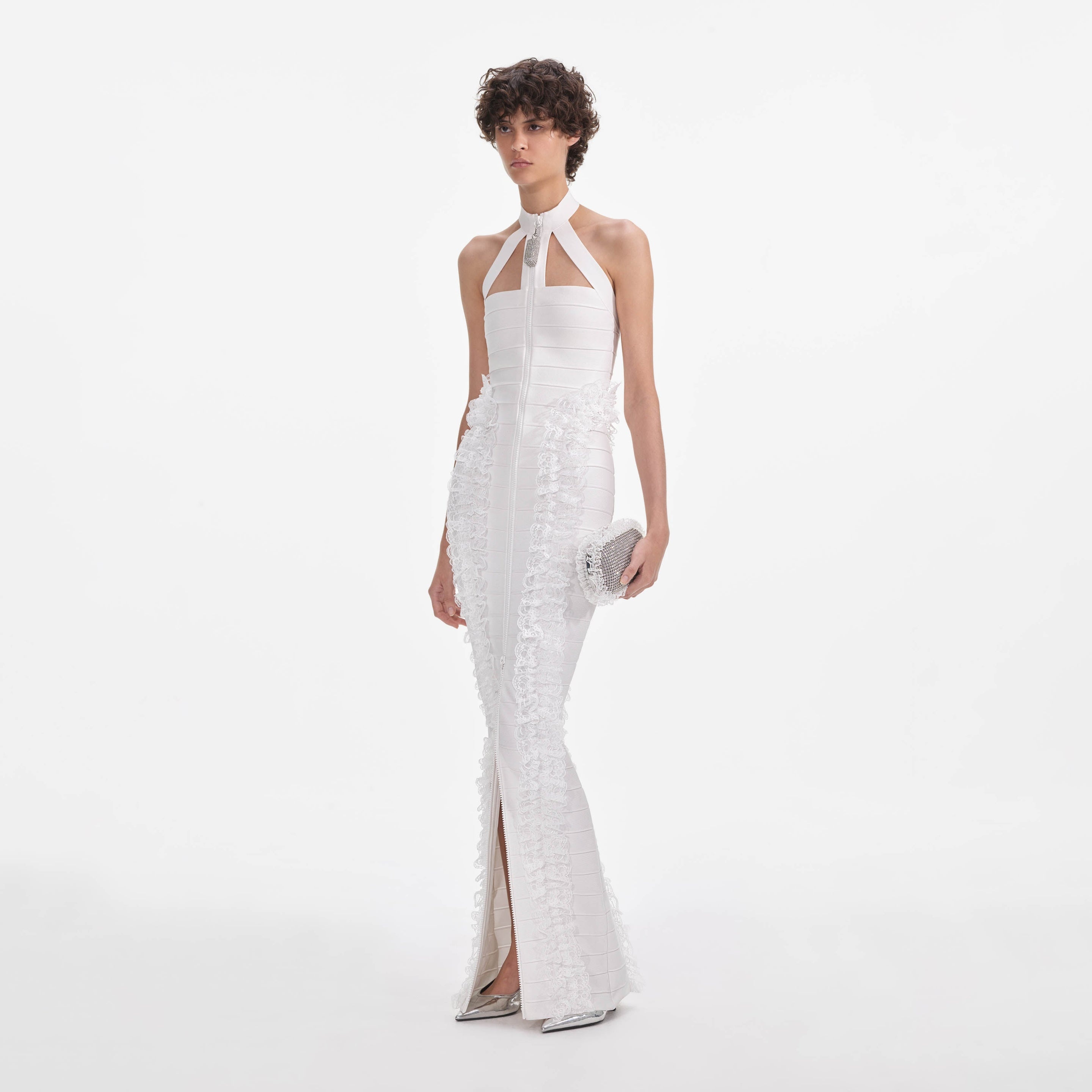 White Knit Zip Ruffle Maxi Dress - 2