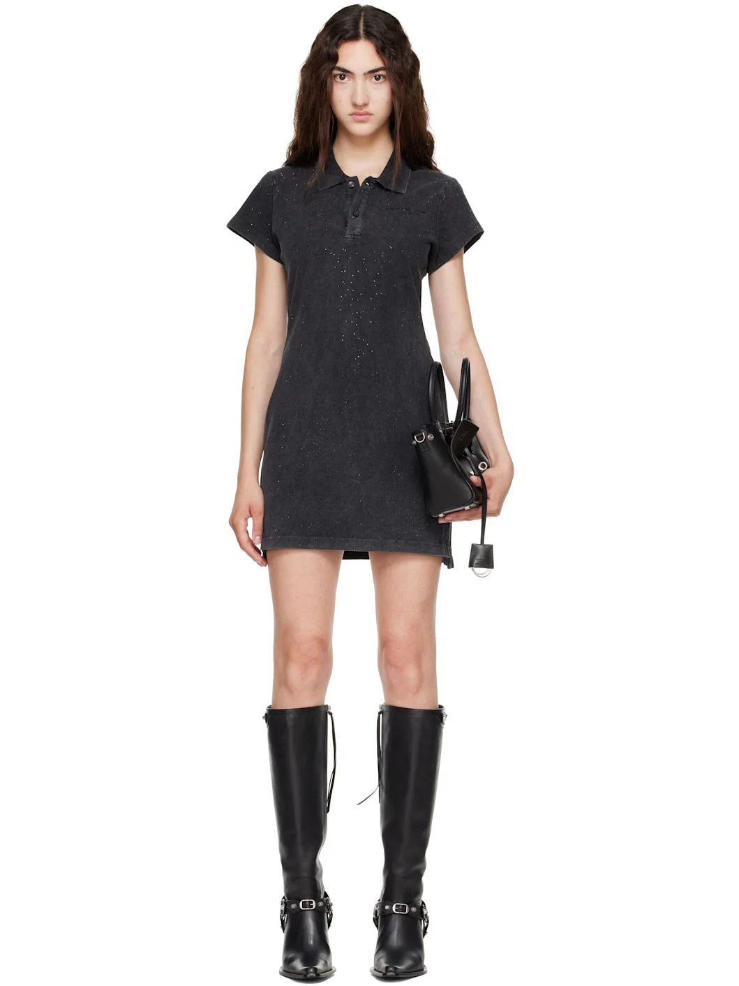 Black Shrunken Polo Minidress - 1