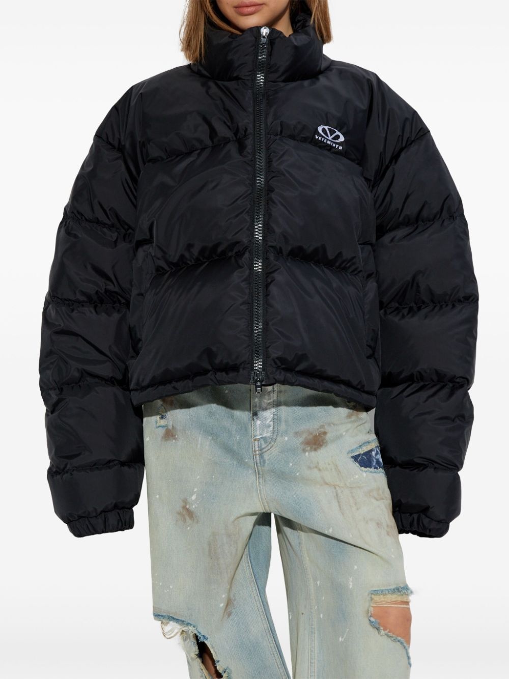 logo-embroidered puffer jacket - 3