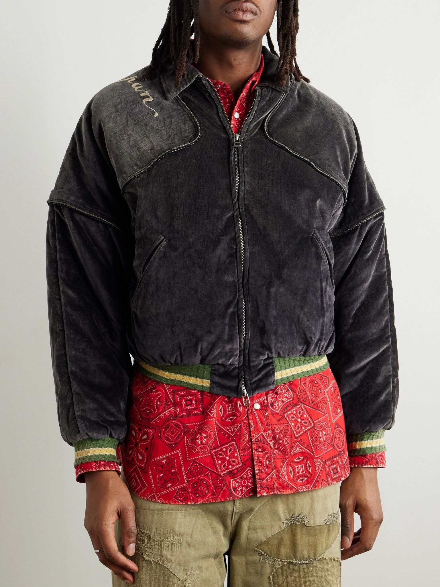 Logo-Embroidered Zip-Detailed Cotton-Velvet Bomber Jacket Black - 3