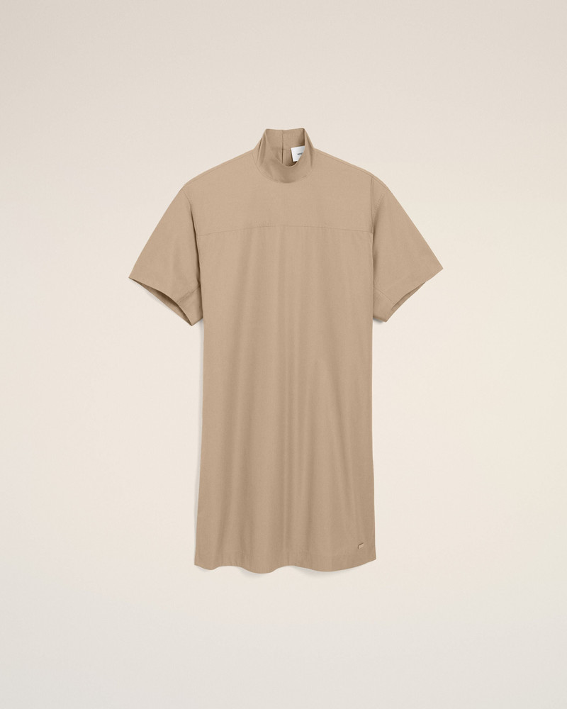 BEIGE COTTON STAND UP COLLAR BUTTONED DRESS 1