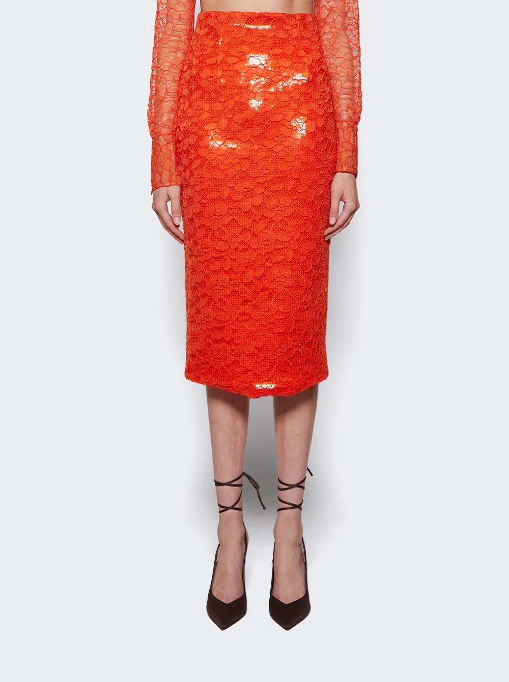 Sequin Lace Pencil Midi Skirt Orange - 3