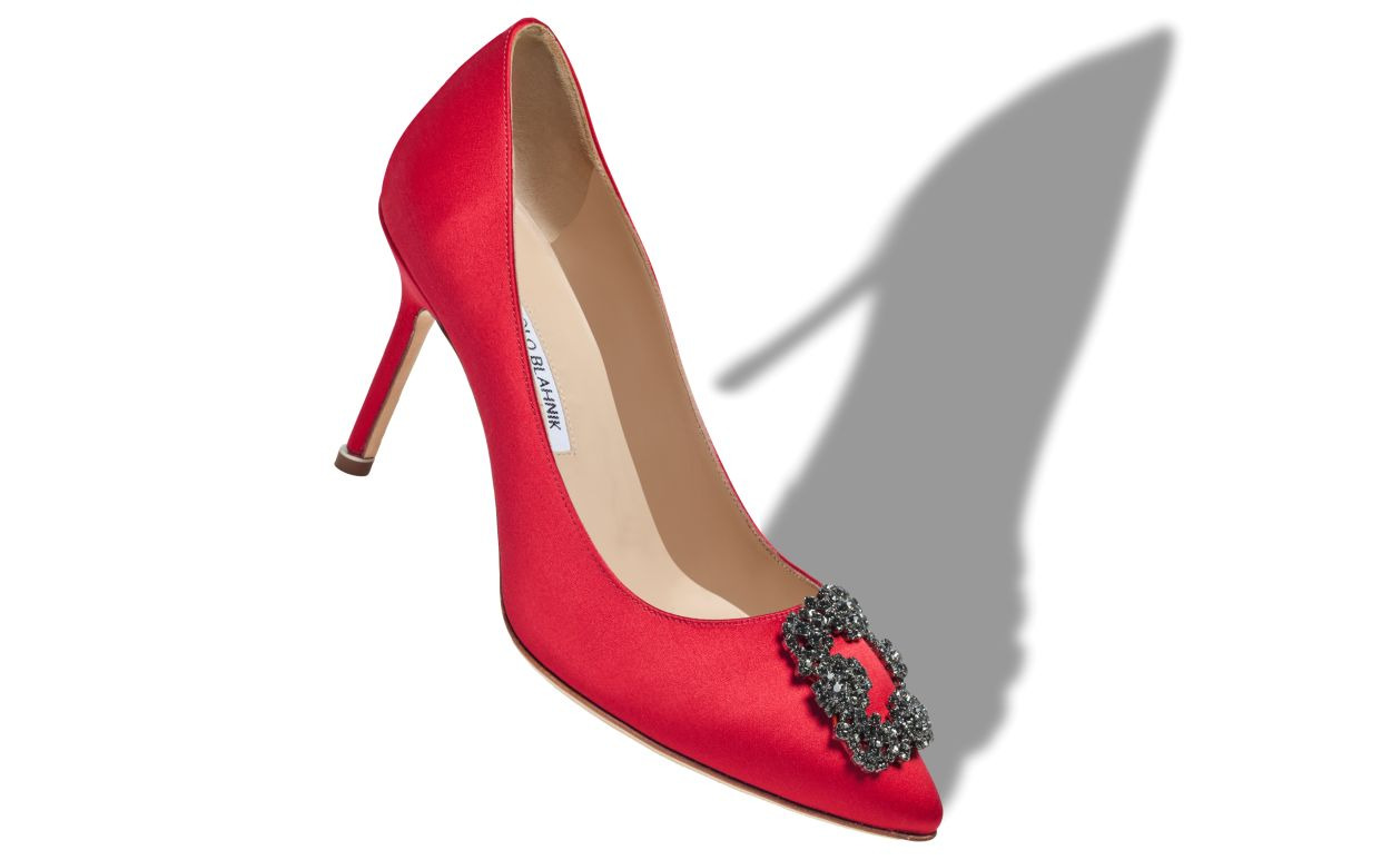 Red Satin Jewel Buckle Pumps - 2