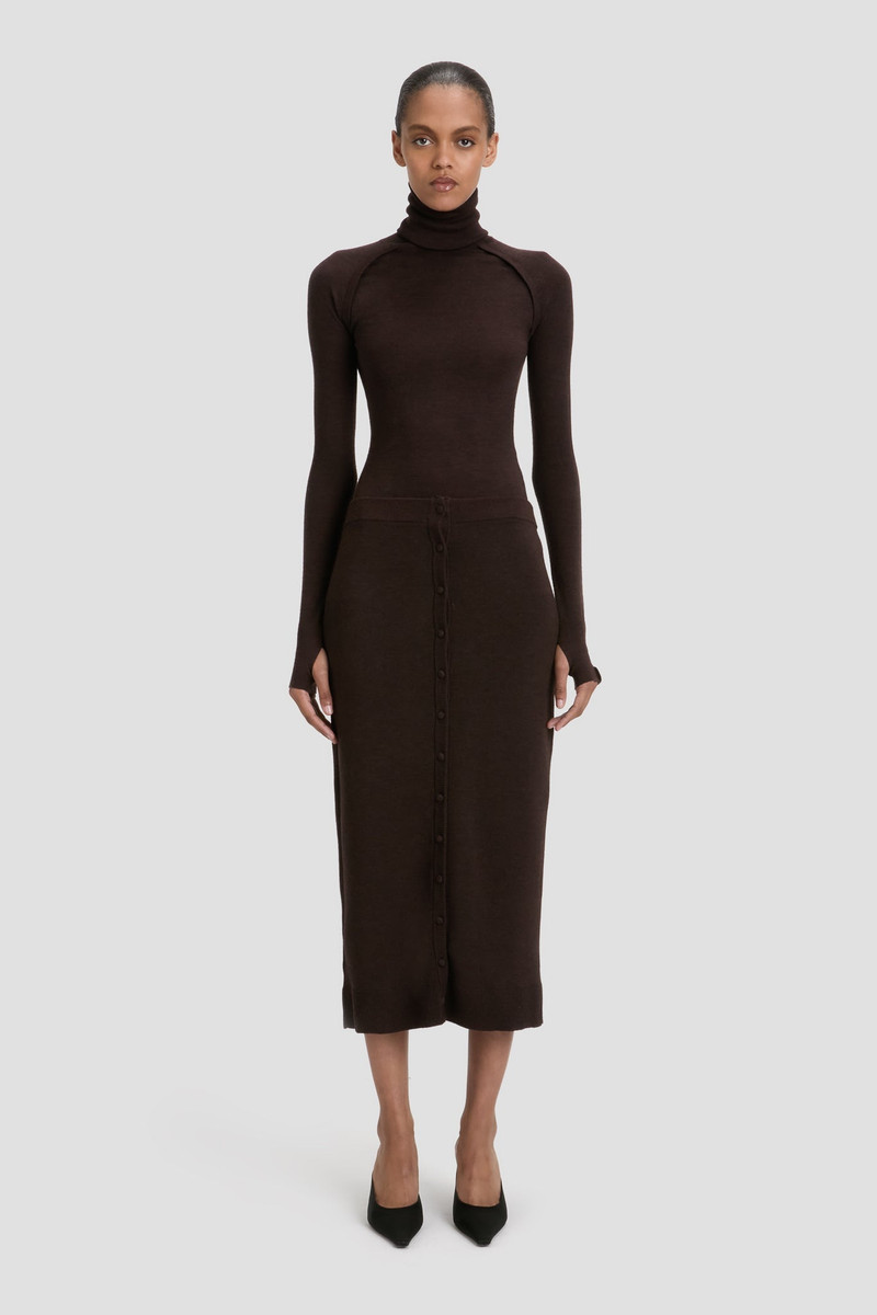 Victoria Beckham Button Detail Midi Skirt In Dark Chocolate outlook